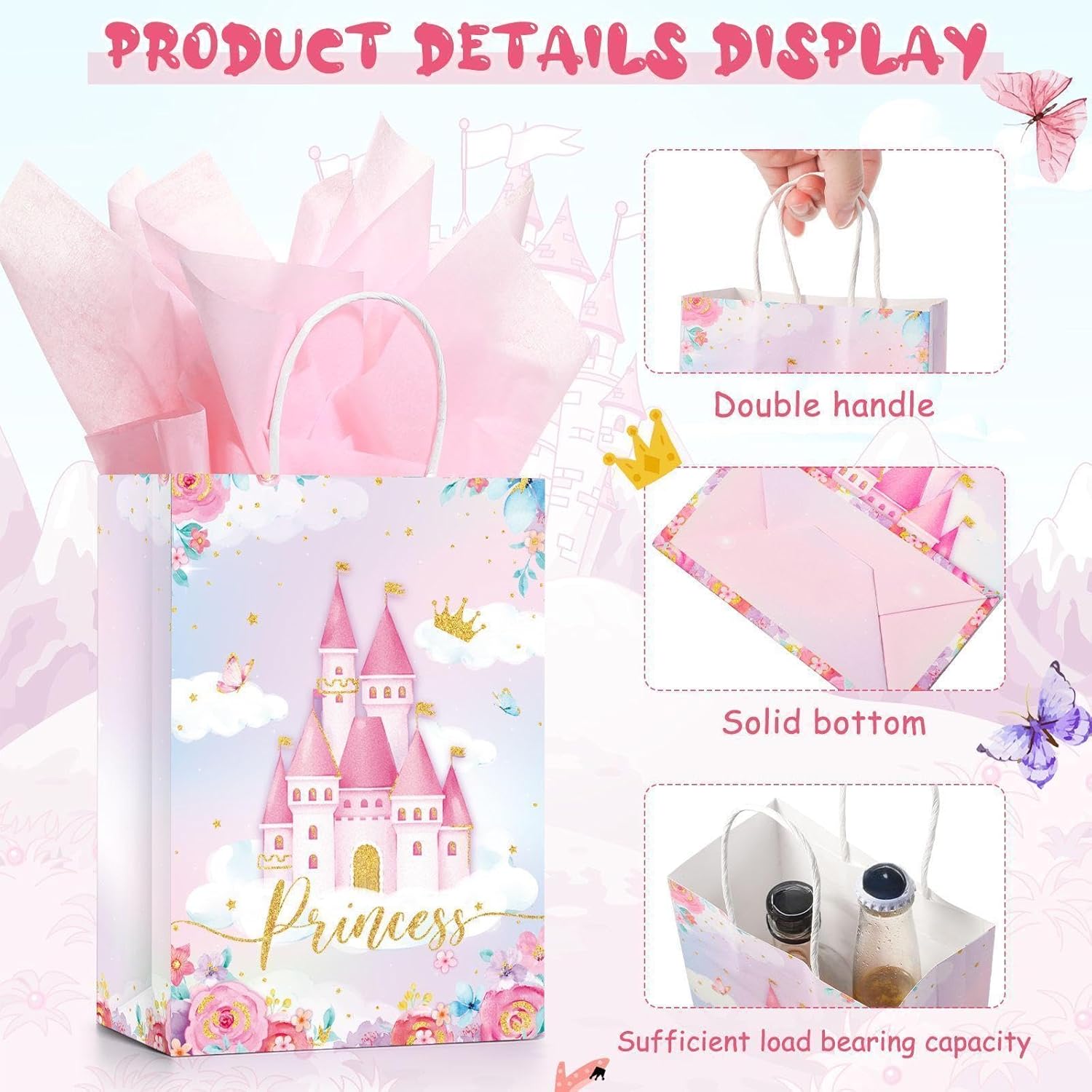 Nezyo 16 Pcs Princess Prince Party Favor Bags with Handles & Tissue Paper Prince Princess Candy Treat Goodie Gift Bags for Birthday Baby Shower Party Favors(Pink and Blue Castle) - Image 5