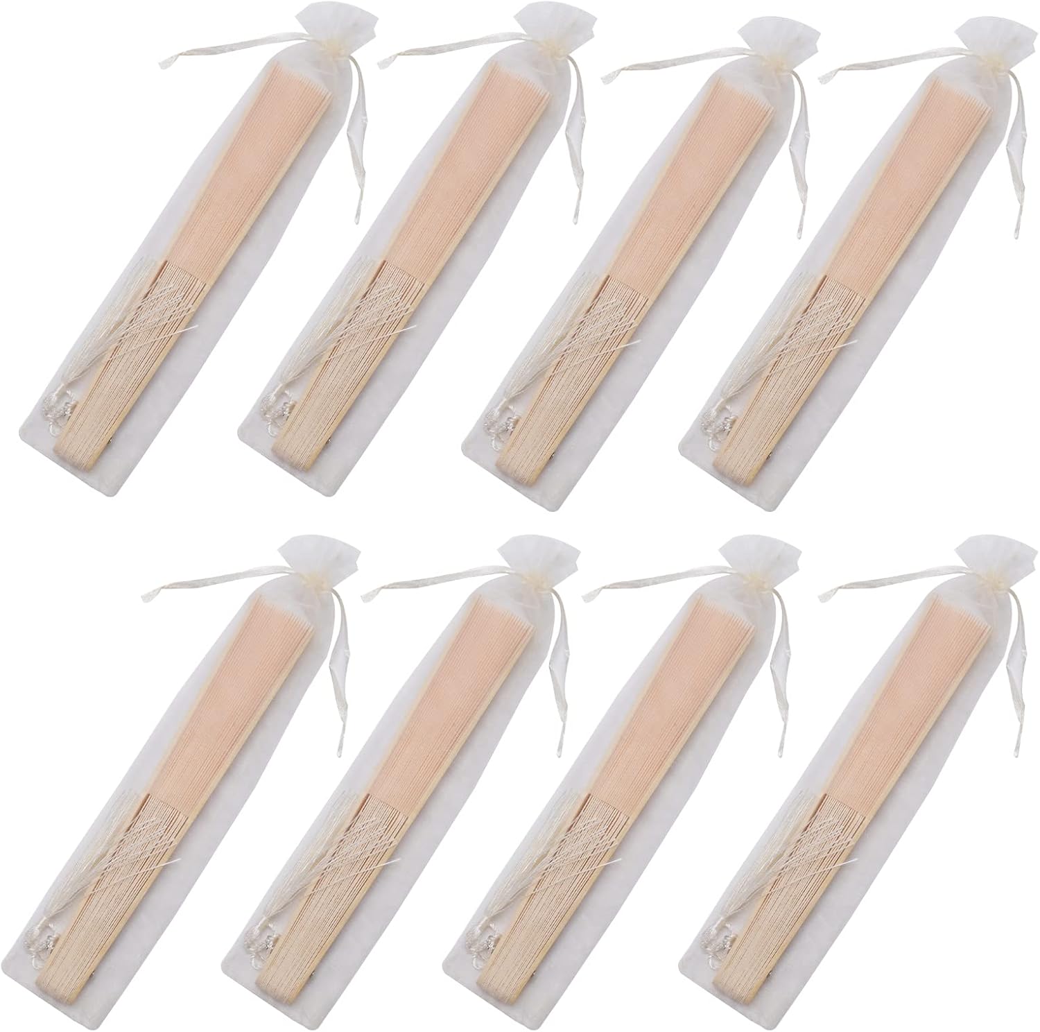 50 Sets Imitated Silk Hand Fan with Tassel and Organza Bags Bamboo Handle Fabric Folding Fans Bridal Dancing Props Wedding Party Favors (Cream)