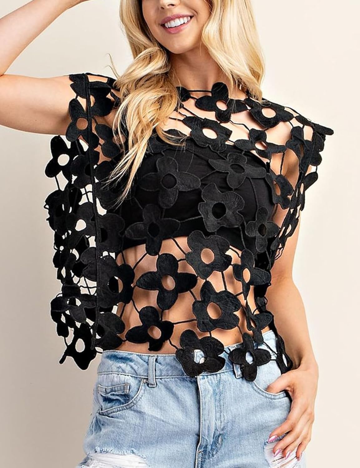 Arssm Women's Floral Lace Vest Summer Hollow Out Crochet Tank Top Sleeveless Pullover Going Out Tops Crewneck Cover Ups - Image 3