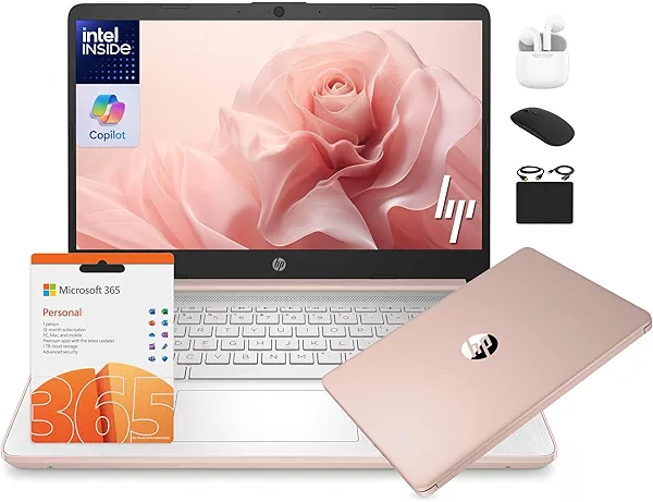 HP 14 Laptop Student Business 2025 Flagship, AI Copilot, 4-Core 13th Gen Intel CPU, 16GB RAM 628GB Storage (128GB UFS+ 500GB Ext), 1-Yr Office 365, Long Battery HubxcelAccessory Win 11S Rose Gold