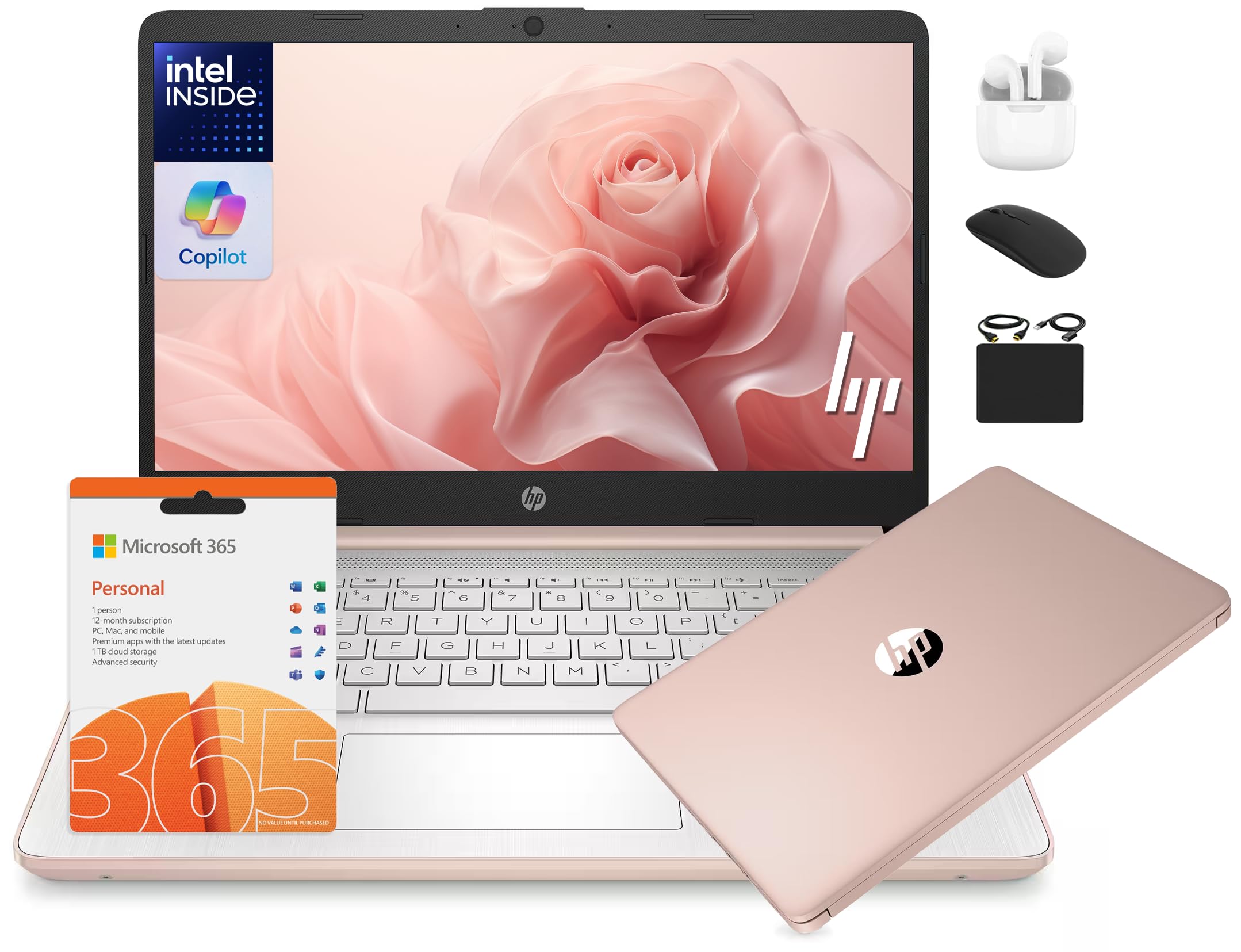 HP 14 Laptop Student Business 2025 Flagship, AI Copilot, 4-Core 13th Gen Intel CPU, 16GB RAM 628GB Storage (128GB UFS+ 500GB Ext), 1-Yr Office 365, Long Battery HubxcelAccessory Win 11S Rose Gold