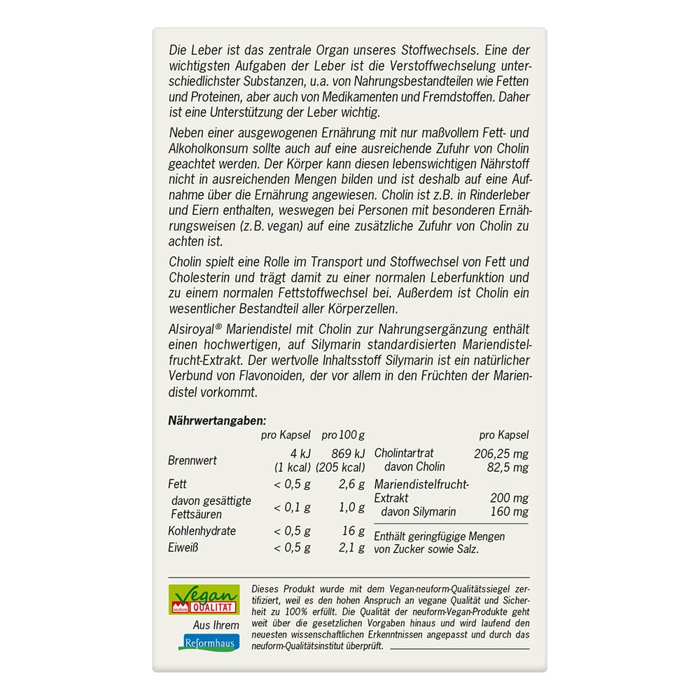 Alsiroyal Mariendistel Kapseln plus Cholin · Leberkomplex · hochdosiert | Mariendistel standardisiert auf 80% Silymarin · Cholin für Leberfunktion & Fettstoffwechsel · nur 1 Kapsel täglich · vegan