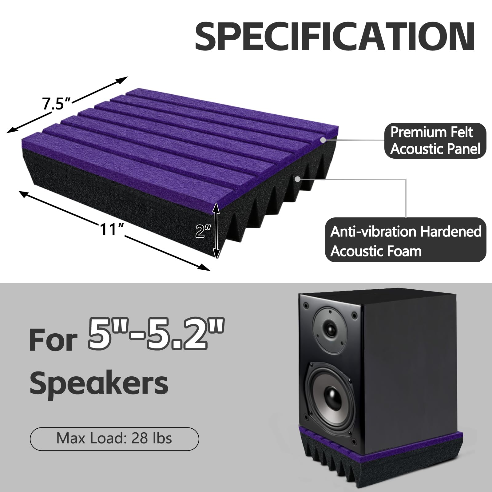 TroyStudio Podkładki izolacyjne głośników, 2-pak klina subwoofera do pary monitorów studyjnych 12.7 cm-13.2 cm, gruba mata z filcu z pianki akustycznej, nóżki głośnika basowego poprawiają czystość