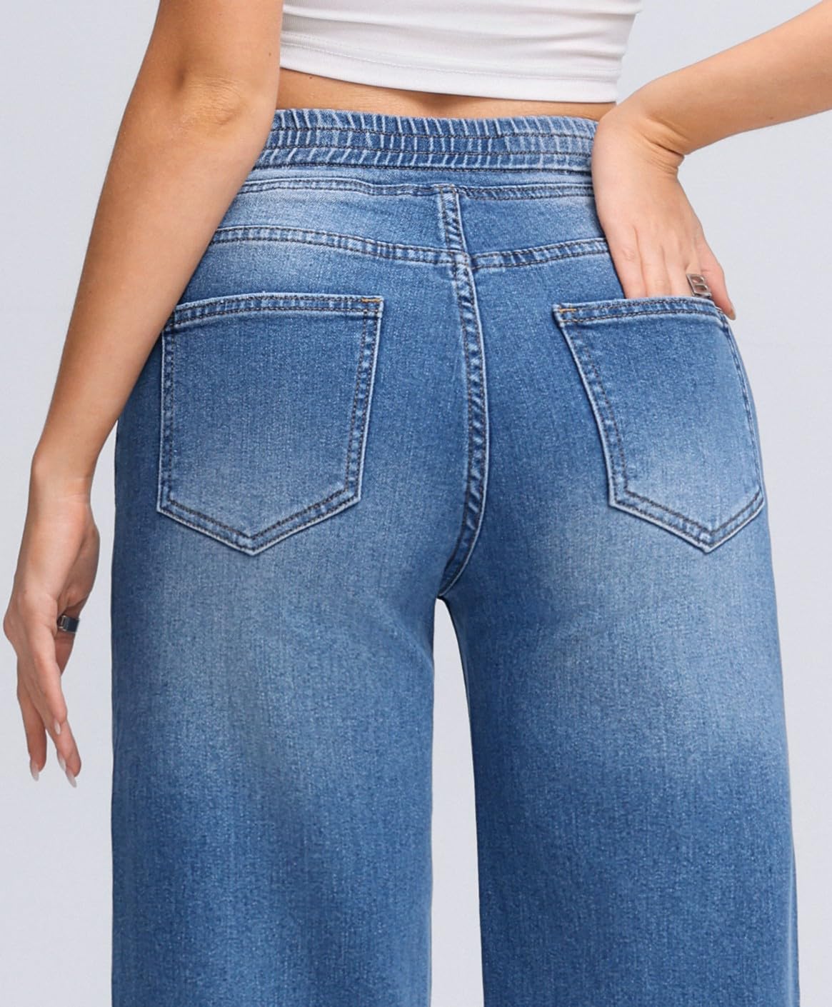 Jeans Donna Vita Elasticizzata con Coulisse Gamba Larga Denim Lavaggio Chiaro Casual Morbidi Tempo Libero