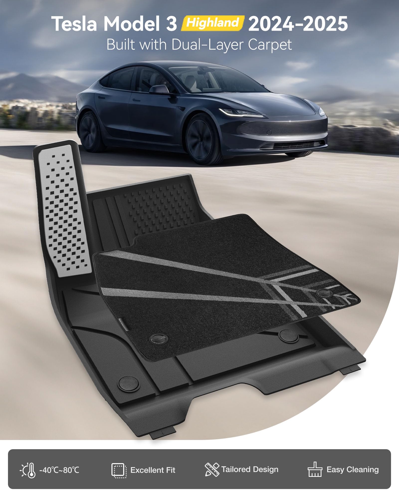 3W Dywaniki Samochodowe i Moquette dla Tesla Model 3 Highland 2024-2025 z 2 Rzędami, Dywany Samochodowe z Thorex™ Wszystkich Warunków Pogodowych, Pełen Zestaw Ochrony Podłogi