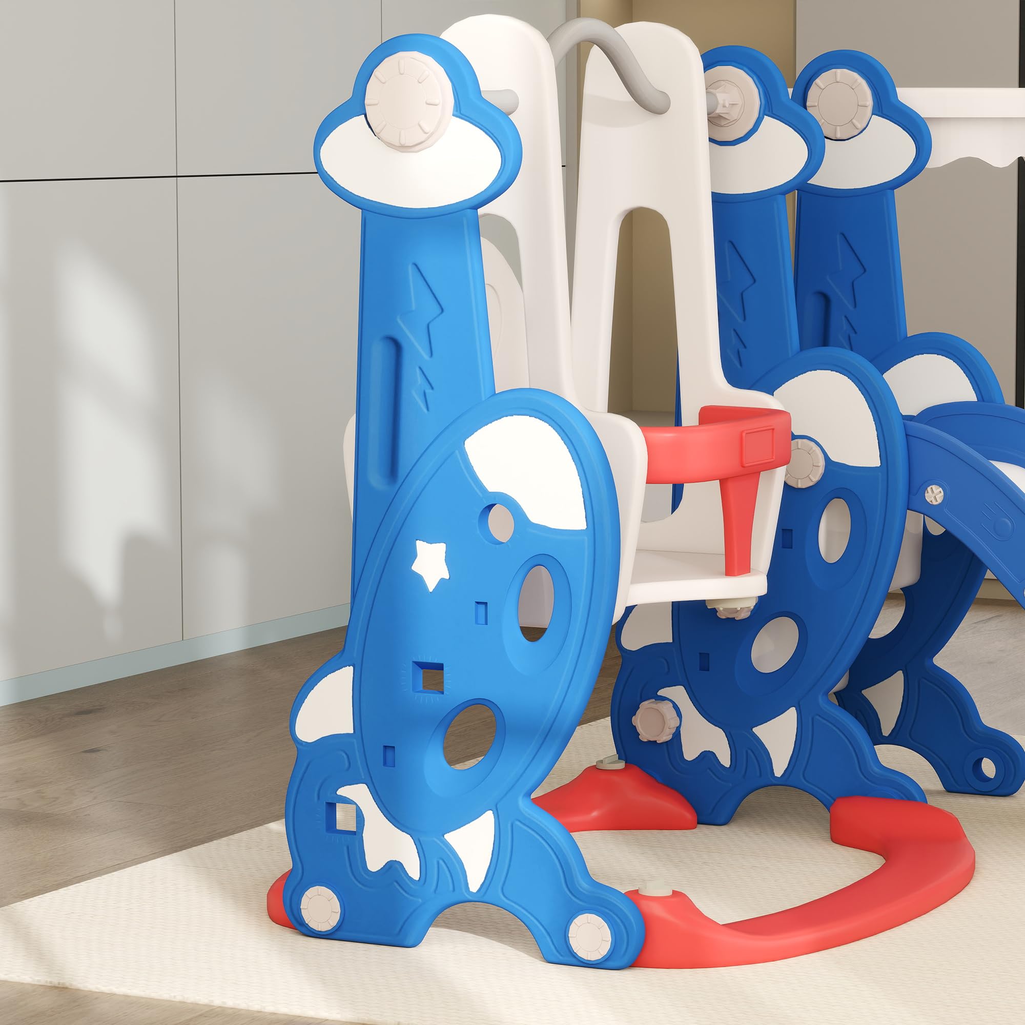 Qaba 4-in-1 Kletterrutsche mit Basketballkorb, 1,5-4 J., dunkelblau | Baby-Kinder Indoor-Rutsche-Schaukel-Set, Indoor-Spielplatz, für Jungen Mädchen Kleinkind, Raketen-Thema