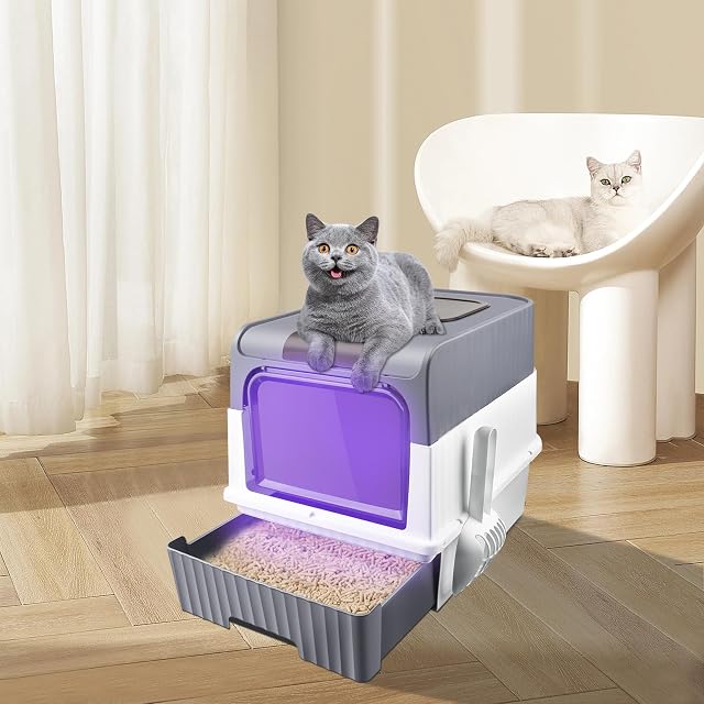 Foto 8 de 8 de OHMG Arenero para gatos con UV, bandeja de arena cerrada y abierta con pala de arena y cuenco superior