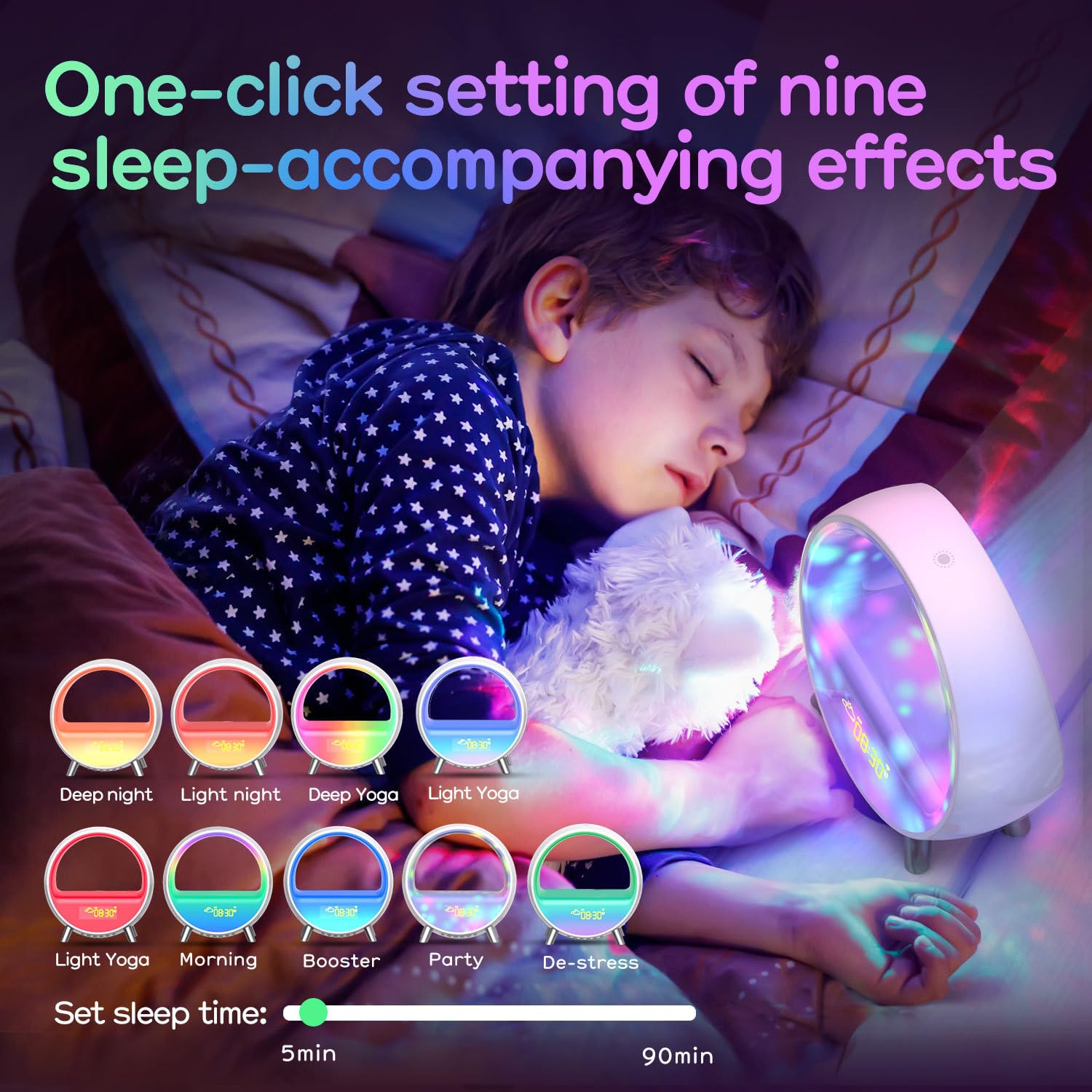 Rhythm Atmosphere Lamp, Caricabatterie wireless Lampada da comodino Sunrise Wake-up Lamp Sveglia Lampada da comodino, Altoparlante Bluetooth Caricabatterie wireless Luce notturna a LED con stazione