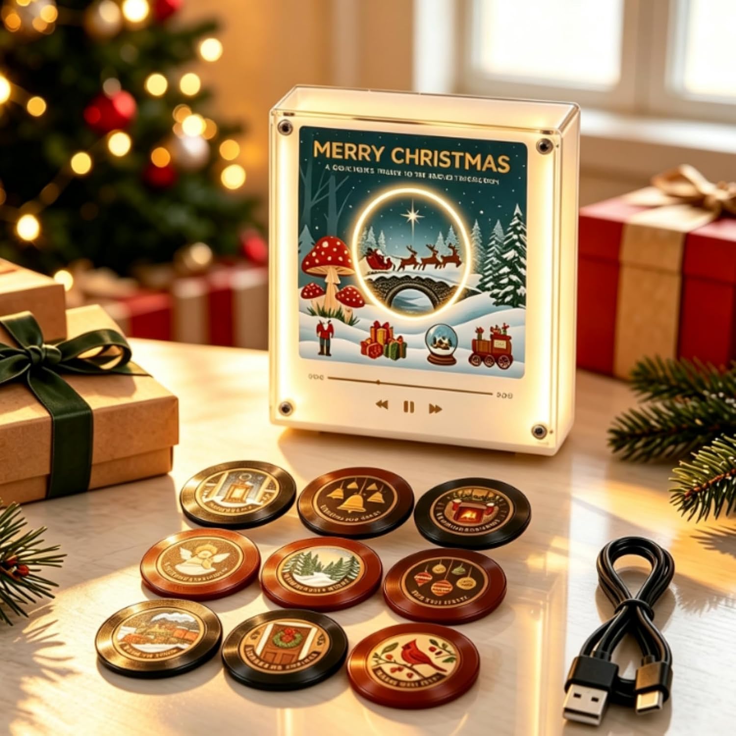 Christmas Vinyl Player Fridge Record Magnetic Music Box with 9 NFC Discs