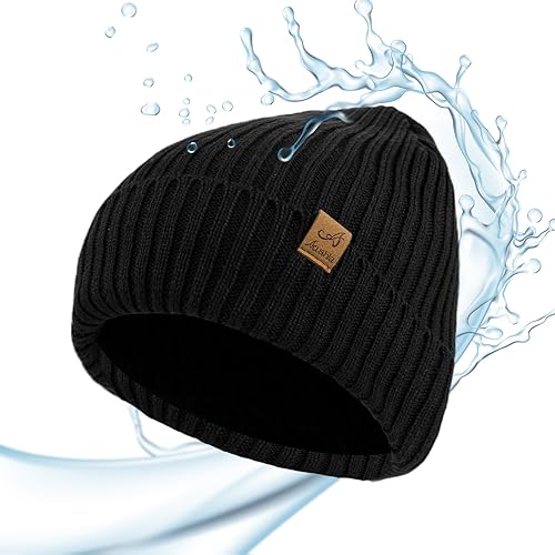 ACUSHLA Waterproof Windproof Cuff Beanie - Thick Fleece Lined Knit Winter Hat for Men & Women Warm Watch Cap for Cold Weather