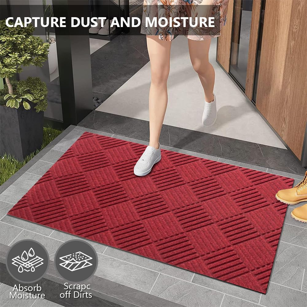 Heavy Duty Welcome Mat Outdoor, Large Front Door Mat, Indoor Entrance Doormat, Anti-Slip Rubber for Patio Porch, Washable Entryway, 2FTX3FT, Red