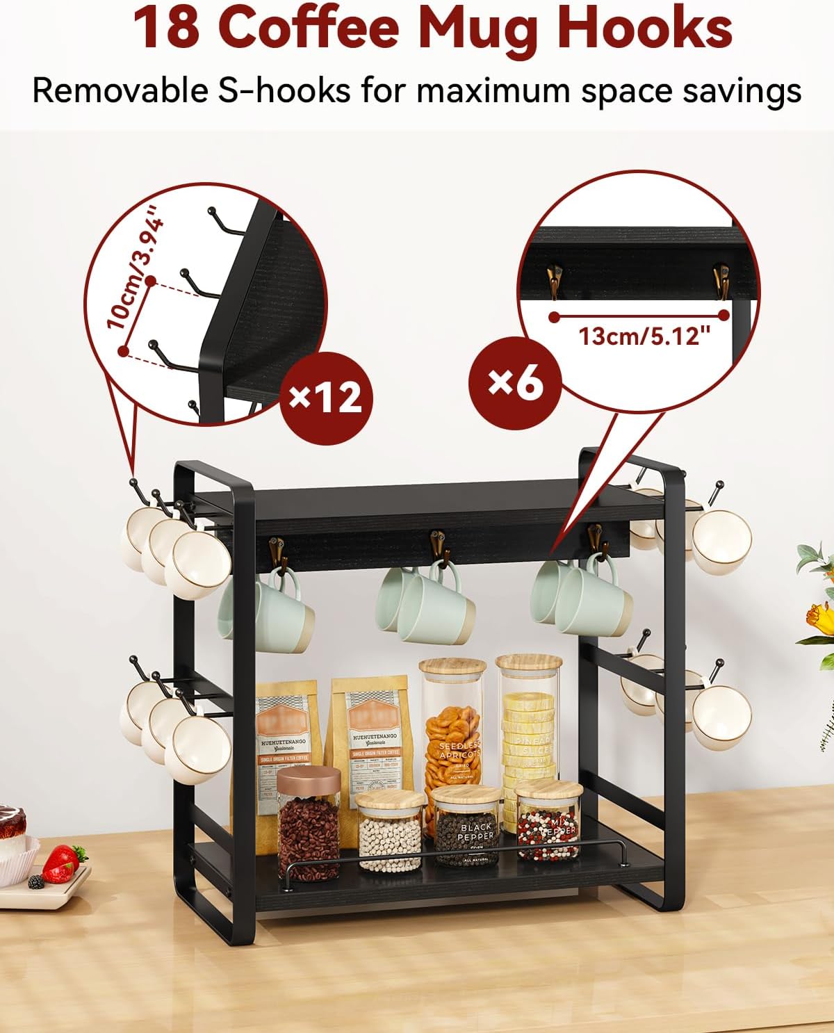 IBUYKE Coffee Bar Station Countertop Organizer,2 Tier Kitchen Mug Cup Holder Stand,Wooden Coffee Mug Organizer with 18 Hooks,Multifunctional Mug Tree for Home Kitchen, Office,Black UTBJ006B