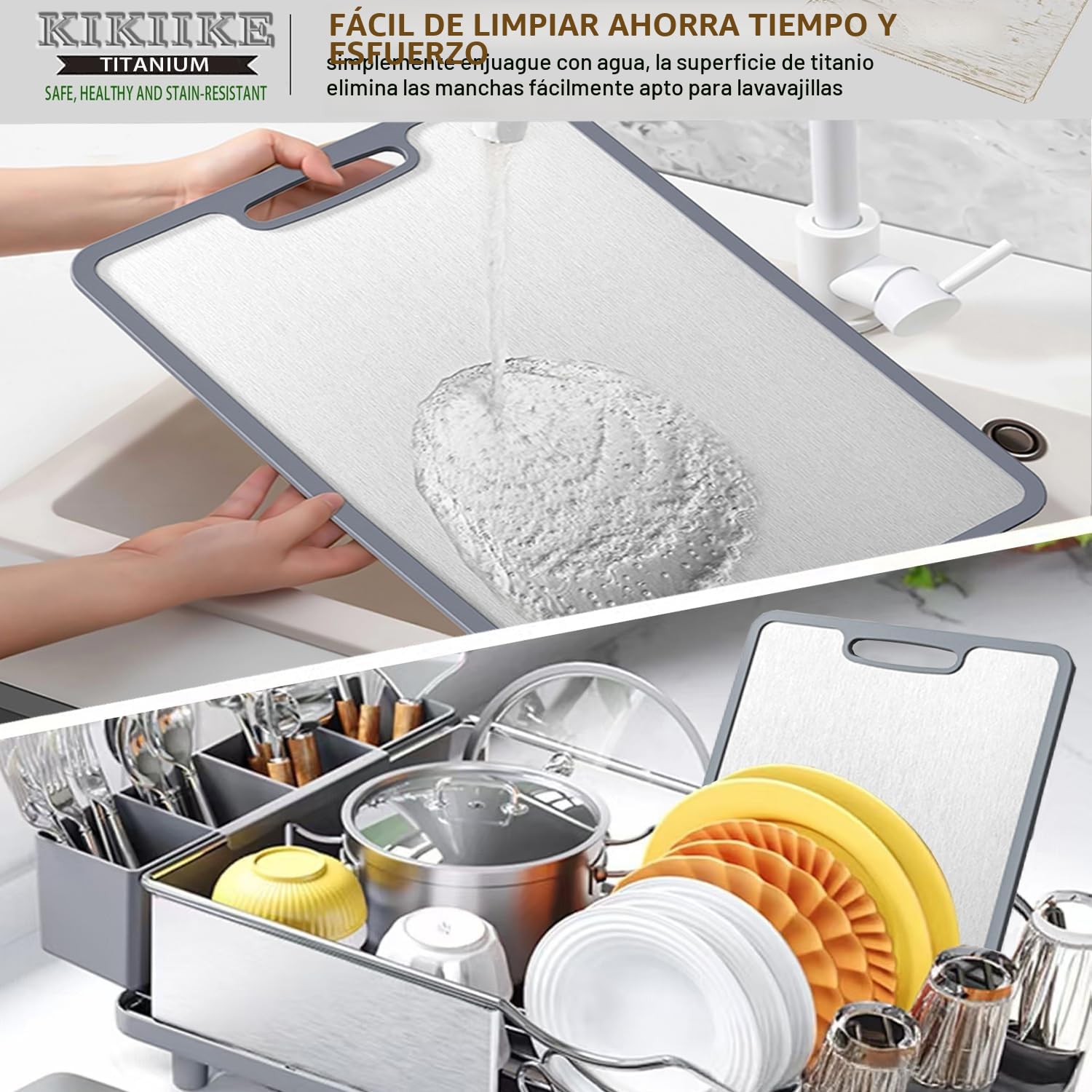 Tabla de cortar de titanio con bordes de silicona antideslizante de doble cara para cocina, antiadherente, duradera y fácil de limpiar (3 piezas S/M, grado alimenticio)