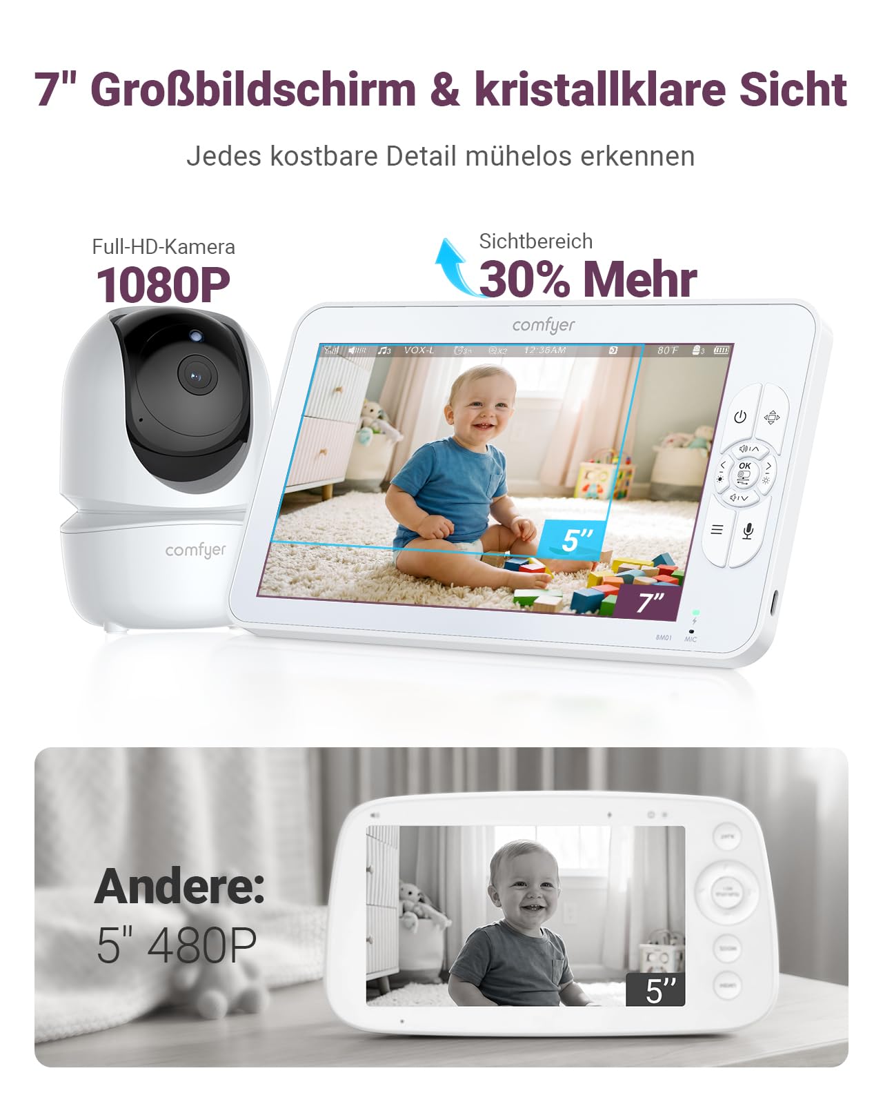 Comfyer BM01 Split-Screen Babyphone 7" HD 720P 2 Kameras ohne WLAN IR-Nachtsicht VOX-Modus 2-Wege-Audio 6000mAh 300M Reichweite