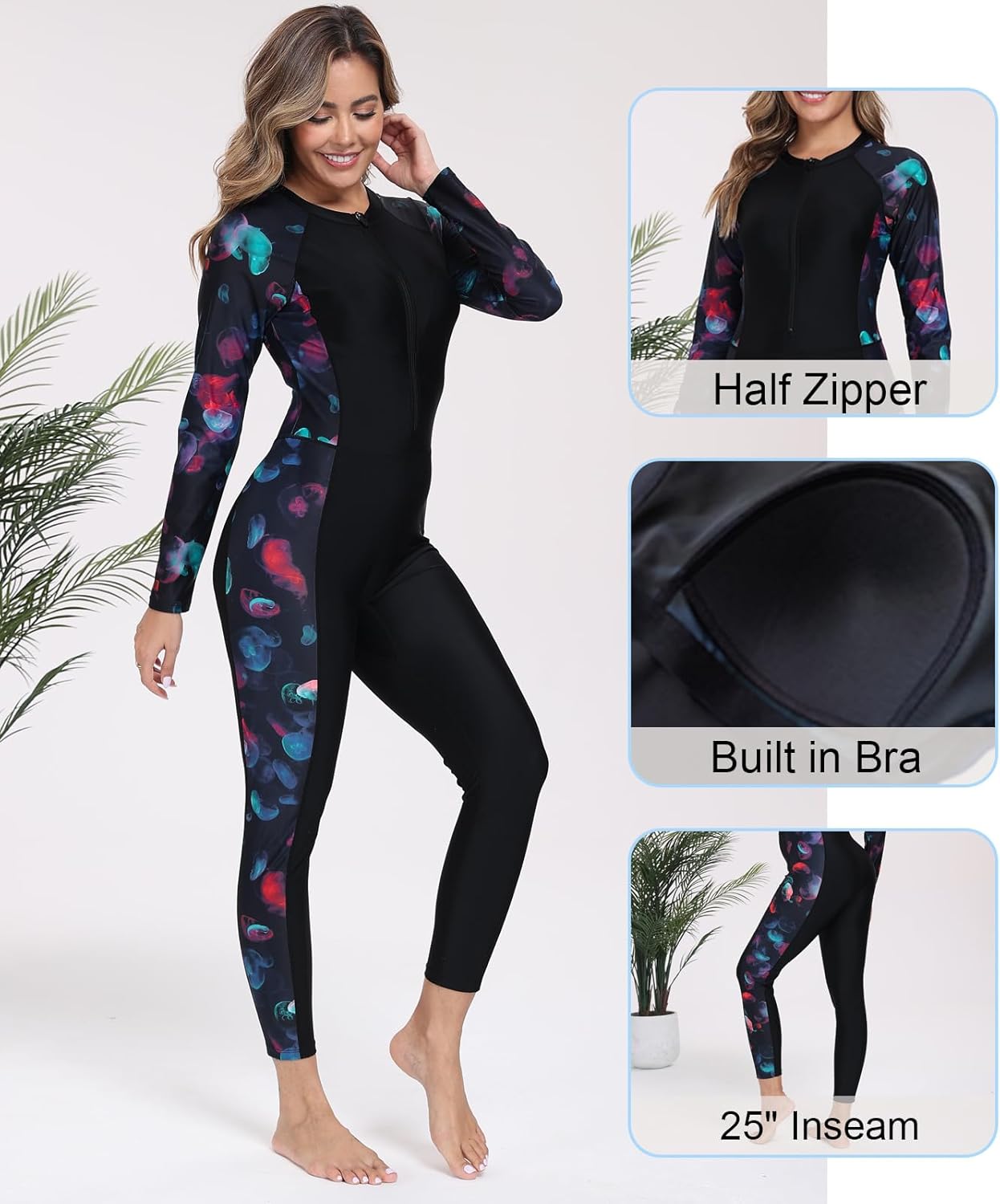 Womens Full Body Rash Guard with Built in Bra Long Sleeve One Piece Swimsuit Upf50+ Zip Front Bathing Suit - Image 2