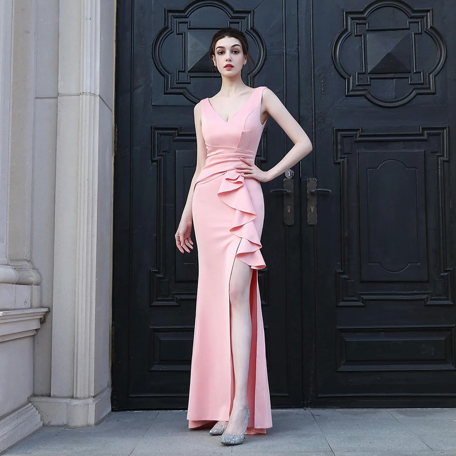 Vestido de Fiesta de Dama de Honor de Sirena con Volantes y Abertura para Mujer Spandes