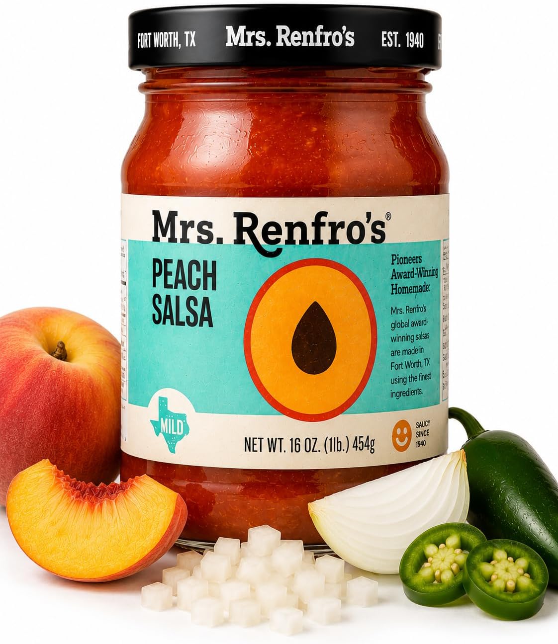 Peach Salsa, Mild, 16 oz Jar (Pack of 1) โ Gluten Free Sweet & Mild Peach Tomato Salsa โ Gourmet Fruit Salsa for Tortilla Chips, Tacos, Grilled Chicken, Pork, Fish & Appetizers