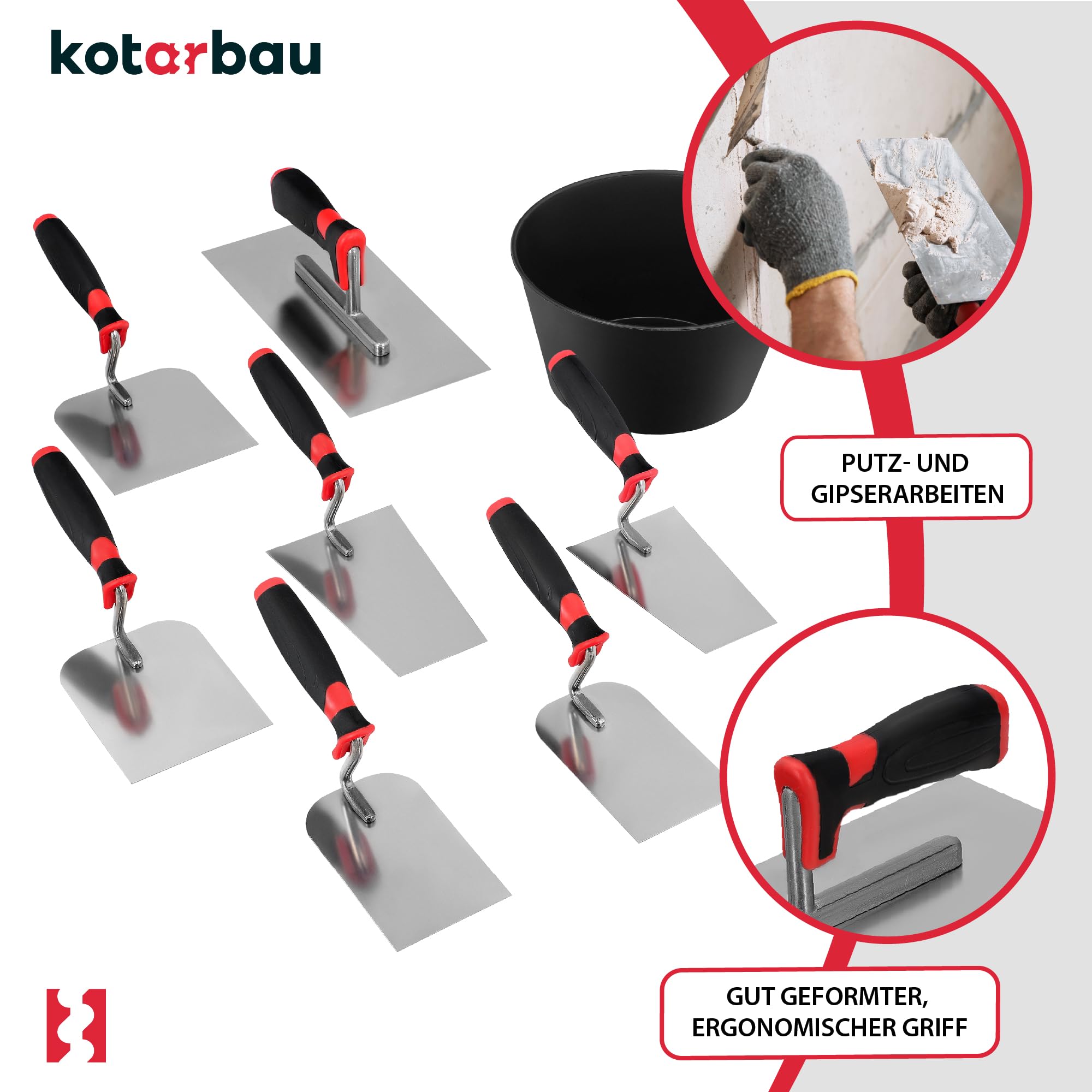KOTARBAU® Maurerkellen Set Edelstahl + Gipsbecher Kellen Set 8-teilig Spachtel Set Maurerkelle Verputzer Werkzeug zum Verputzen Werkzeug für Profis und Heimwerker