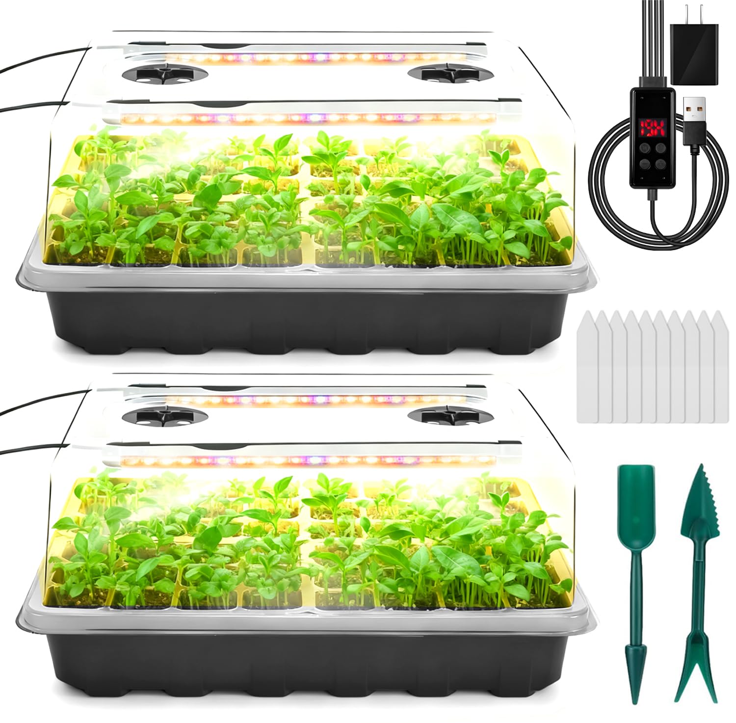 Bandeja de inicio de semillas con luz de crecimiento, kit de inicio de semillas de 96 celdas, bandejas de inicio de plántulas con cúpulas de humedad, temporizador automático, bandejas de