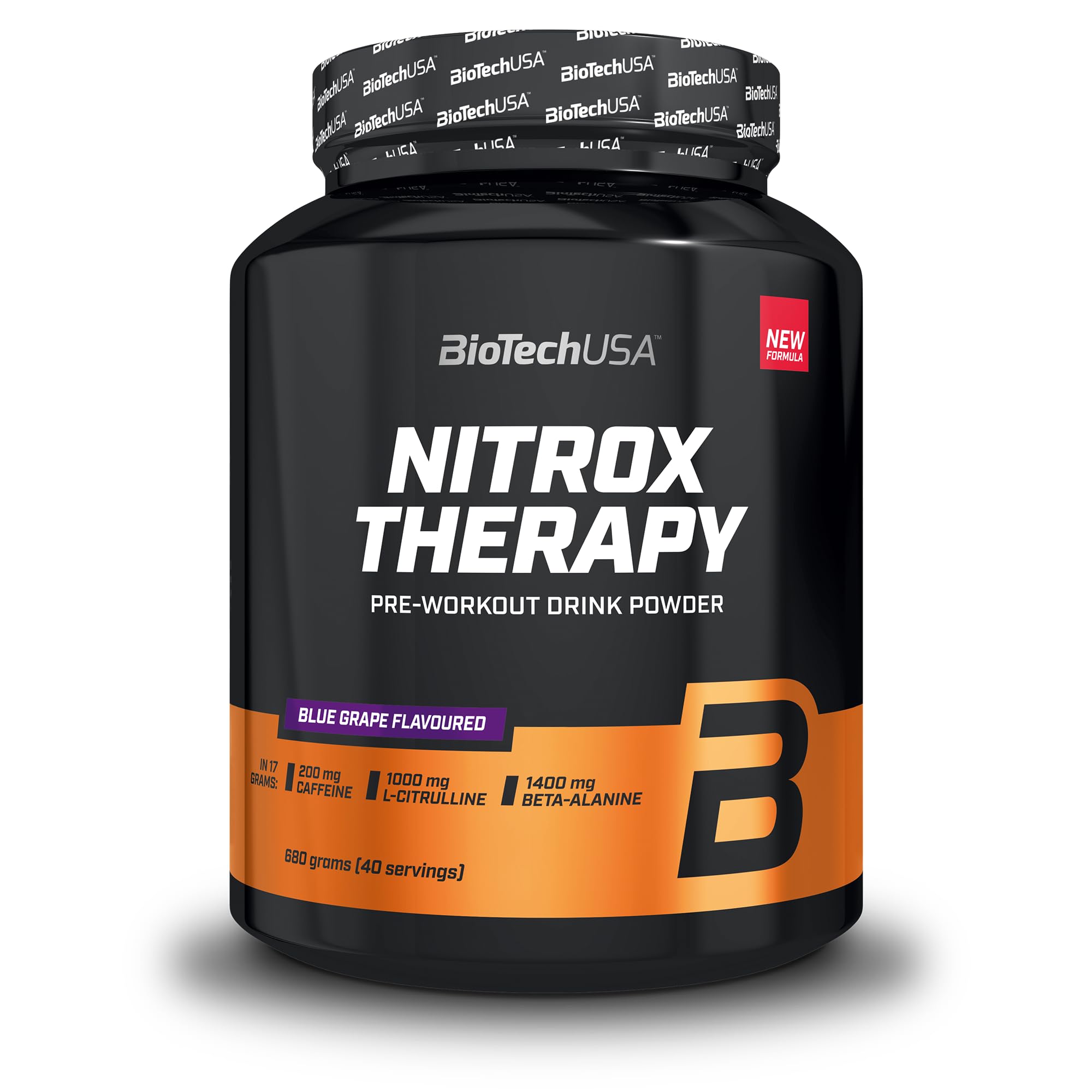 BioTechUSA Nitrox Therapy | Avec vitamine B6, magnésium et caféine | 16 ingrédients actifs | Sans gluten, sans lactose, 680 g, Raisin bleu