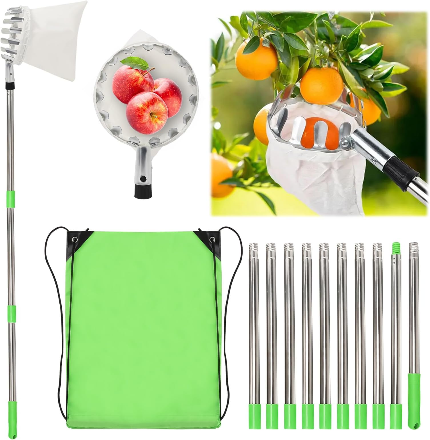 Les-Theresa Fruit Picker with Telescopic Handle, Apple Grabber 2-13Ft Adjustable Telescopic Apple Picker Pole with Telescopic Handle Easy to Assemble Fruit Grabber Picking Tool for Apple Orange Pear