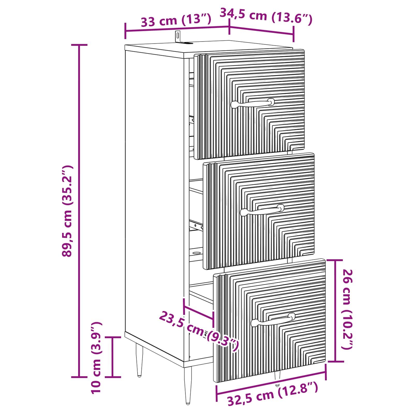 Cassettiera in legno grigio cemento, 33 x 34,5 x 89,5 cm, con 3 cassetti, ideale per soggiorno, ufficio, corridoio, soluzione di ordine, versatile e robusta cassettiera