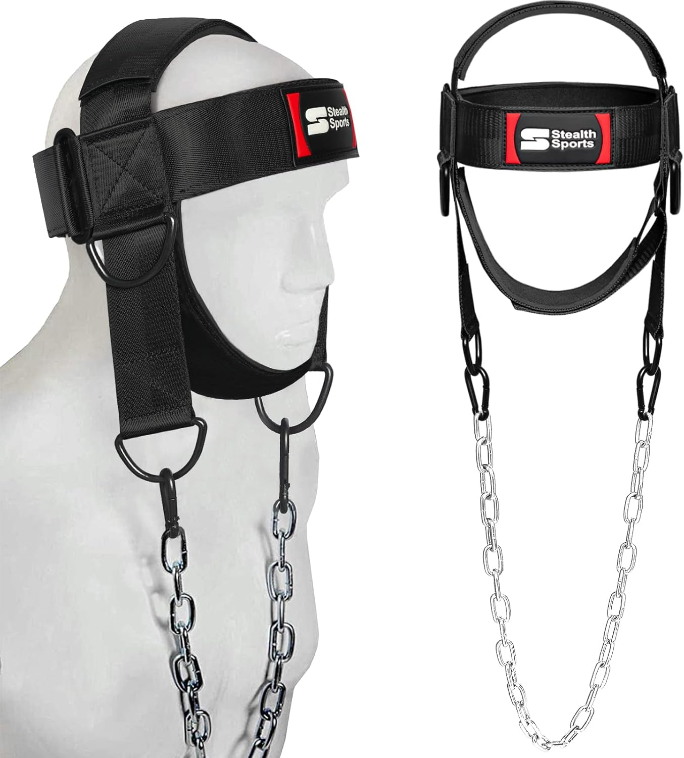 Stealth Sports Neck Harness with 88cm Adjustable Chain – 360 Degree Thick Neoprene Padded Chin & Head Straps Neck Exerciser for Weight Training & Neck Workout Head Harness for Weight Lifting