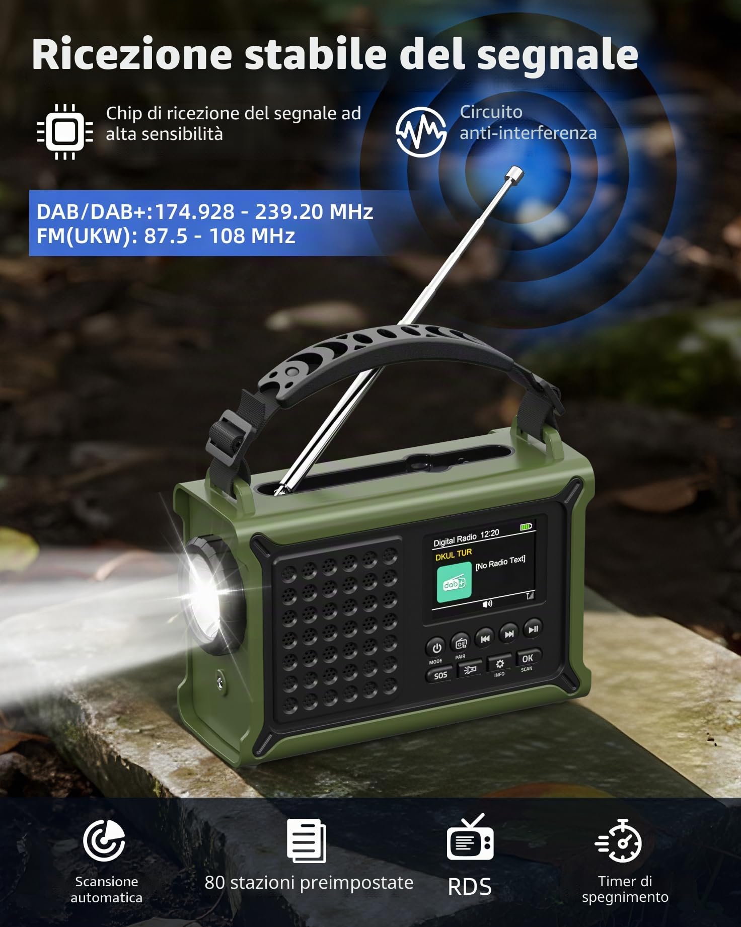 Radio a manovella da 12000 mAh, DAB+/FM, radio di emergenza con pannello solare da 8500 mm² e dinamo a manovella da 650 mA, radio solare con Bluetooth 5.0, torcia e caricabatterie, USB, SOS, radio