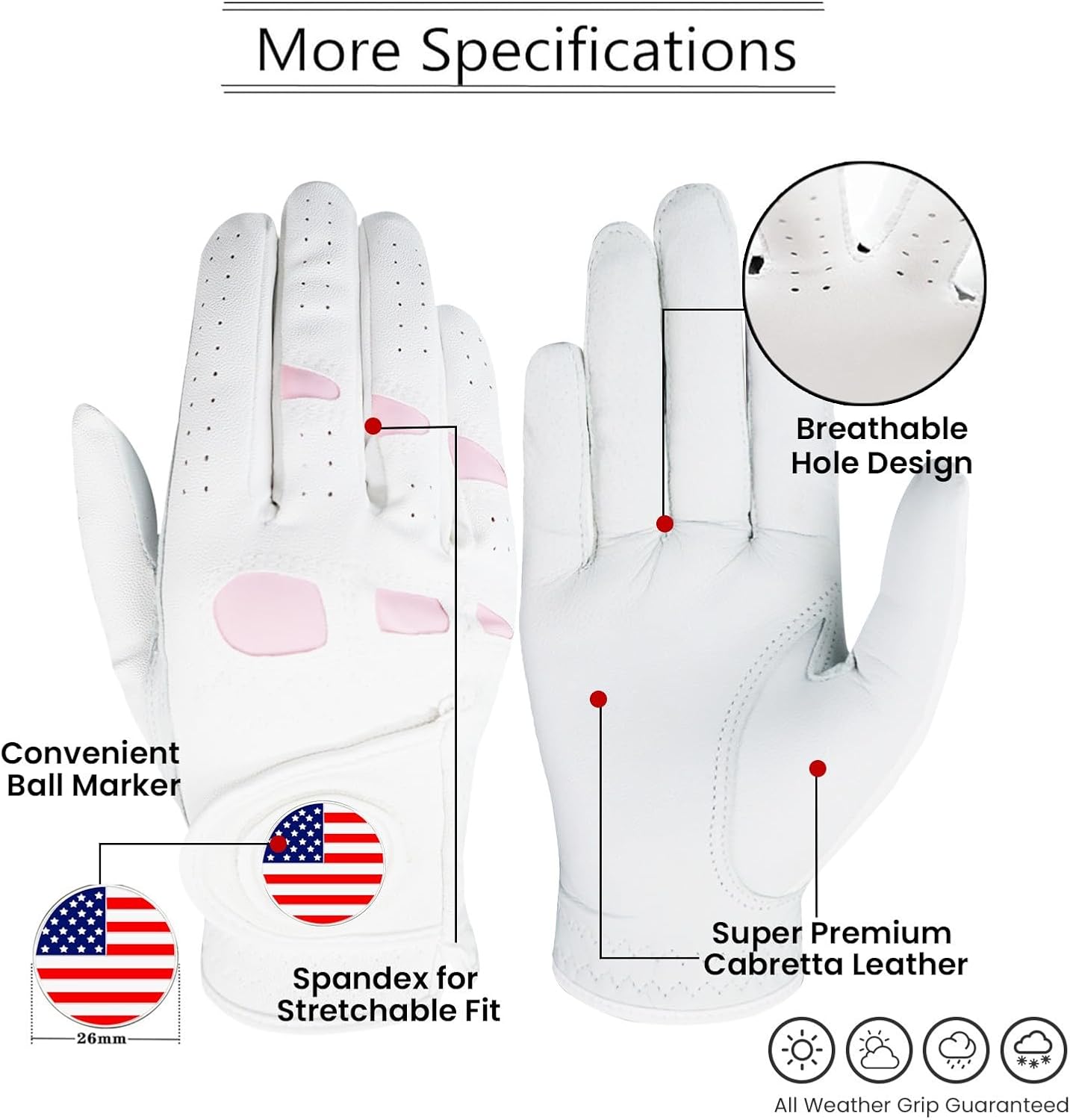Amy Sport Women's Golf Gloves Left Hand Right with Ball Marker Value 2 Pack, All Weather Grip Rain Soft Leather Pink Size Small Medium Large XL - Image 2