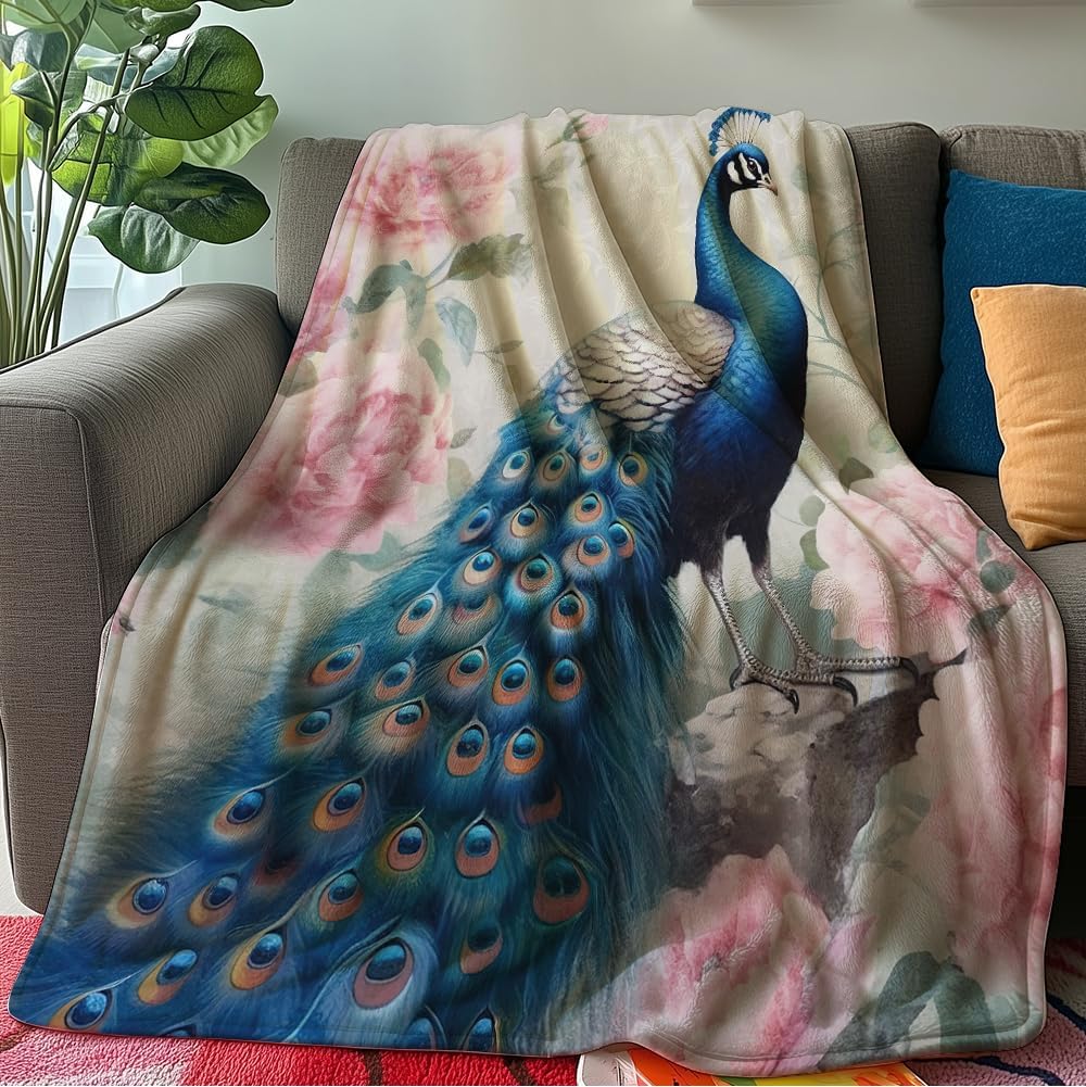 Peacock Throw Blanket for Couch Peacock Themed Decor Animal Print Blanket King Size Soft Warm Flannel for Sofa Bed (50 in x 60 in)