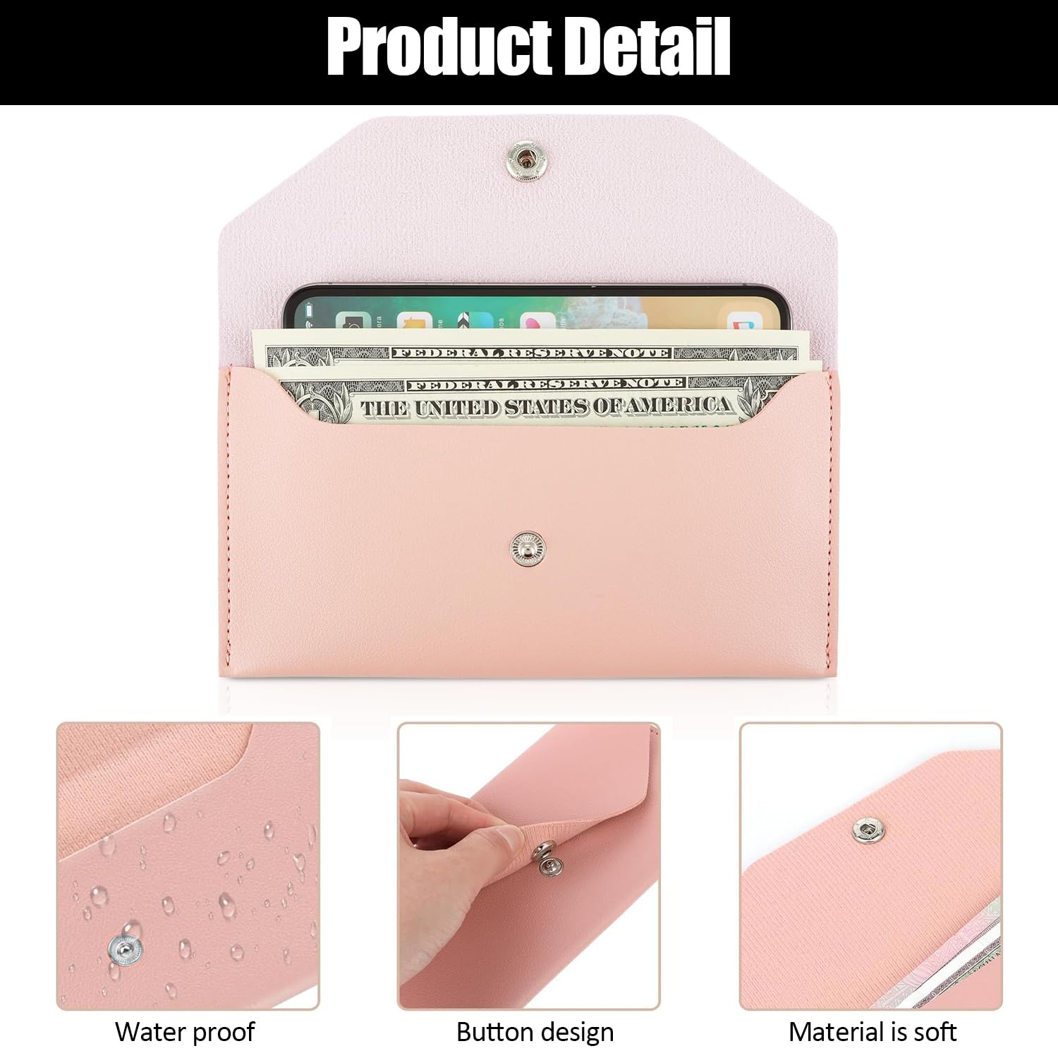 Borsa per Buste per Contanti in Pelle PU, Portafoglio Riutilizzabile, Divisore per Buste, Rosa