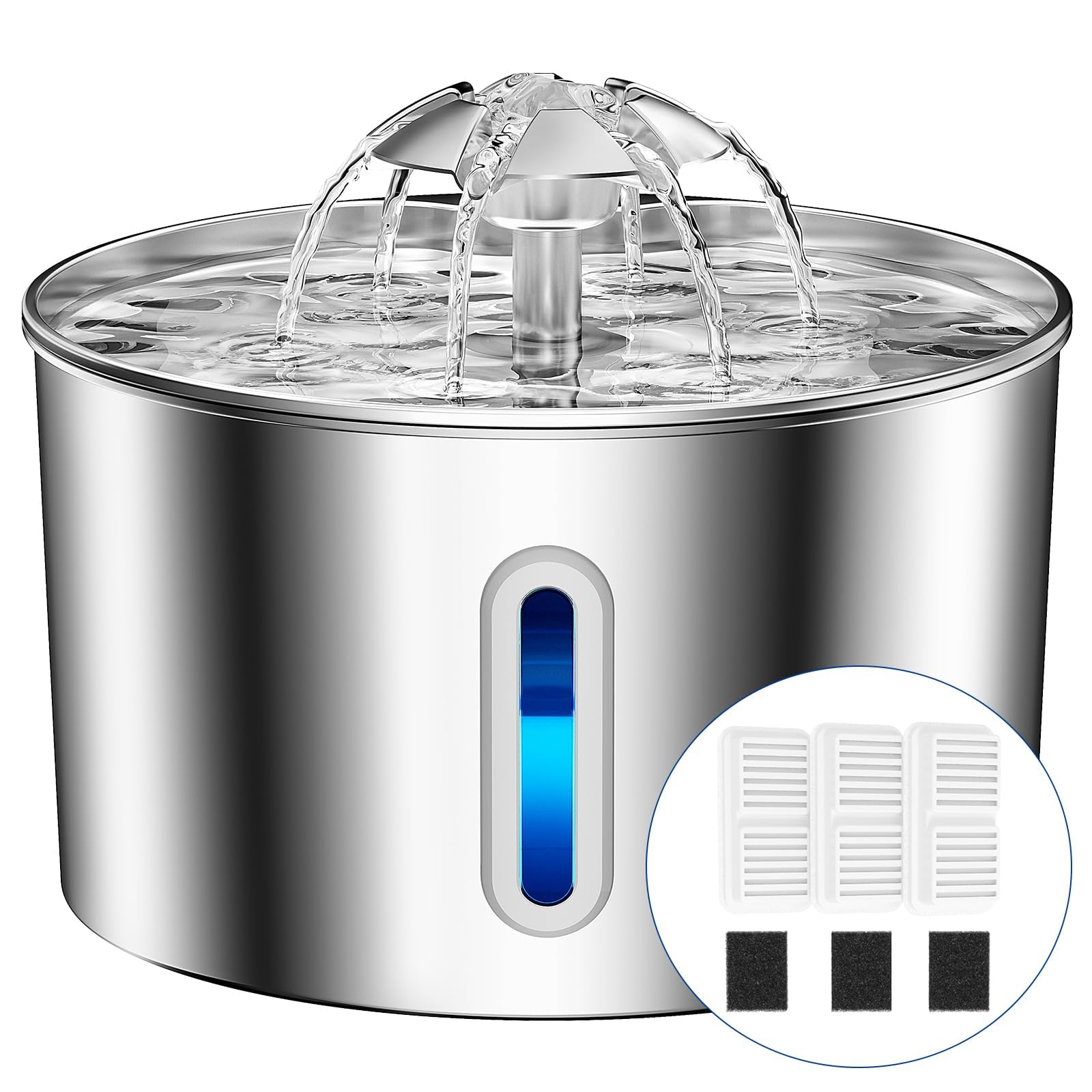 Fontanella per Gatti Acciaio, 2,2L Fontana per Gatti Super Silenzioso, Sistema di Filtraggio Quadruplo, Facile da Pulire, Fontanella Gatto con cavo, 3 Filtri con LED Distributore Acqua Gatto