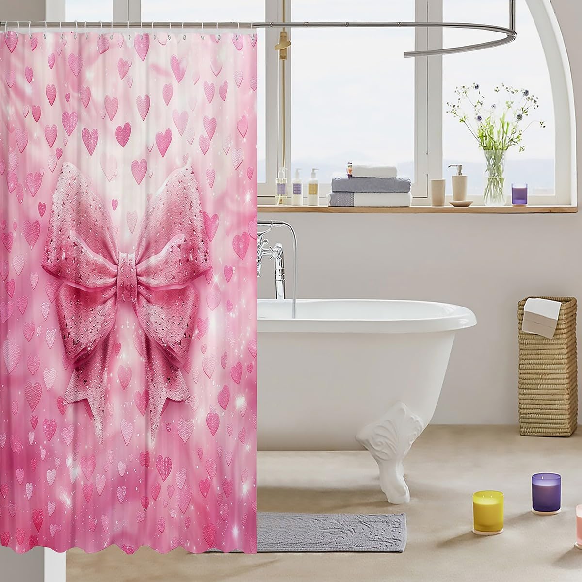 Cute Bowknot Girlish Shower Curtains,Bow-tie Romantic Princess Style Bathroom Curtains for Girls Women,Love Heart Starry Sky Glitter Pink Dreamy Waterproof Curtains,12 Hooks Suits,72" W x 78" L
