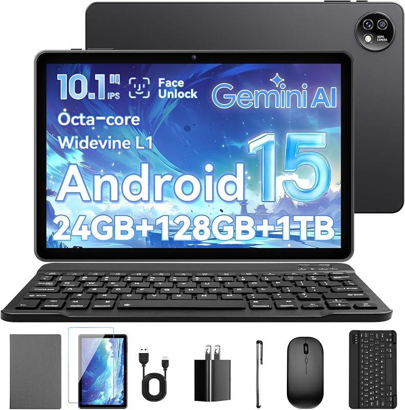 10 Inch Tablet, Android 15 with 24 GB RAM + 128 GB ROM (up to 1 TB), Octa-Core Processor, 1280x800 IPS HD Display, 5 MP + 8 MP Cameras, 6000 mAh Battery, Keyboard, Mouse, Widevine L1 (Black)