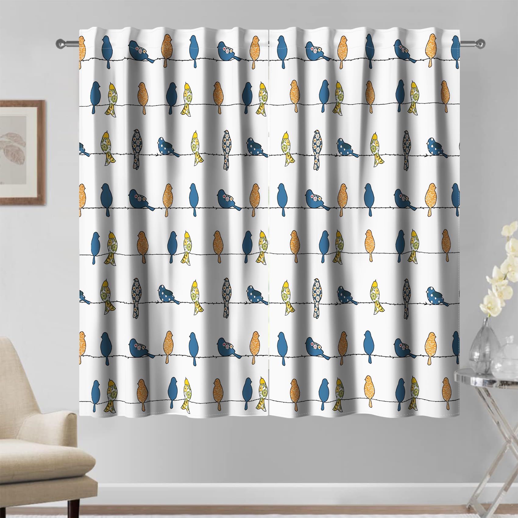 Kzzfqxb 107x215cm Kids Drawing Cartoon Curtains 2 Panels, Rowley Birds on the Iron Electric Wires Painting Window Drapes, Cute Decor for Baby Boys Girls Bedroom Nursery Living Room — image 1