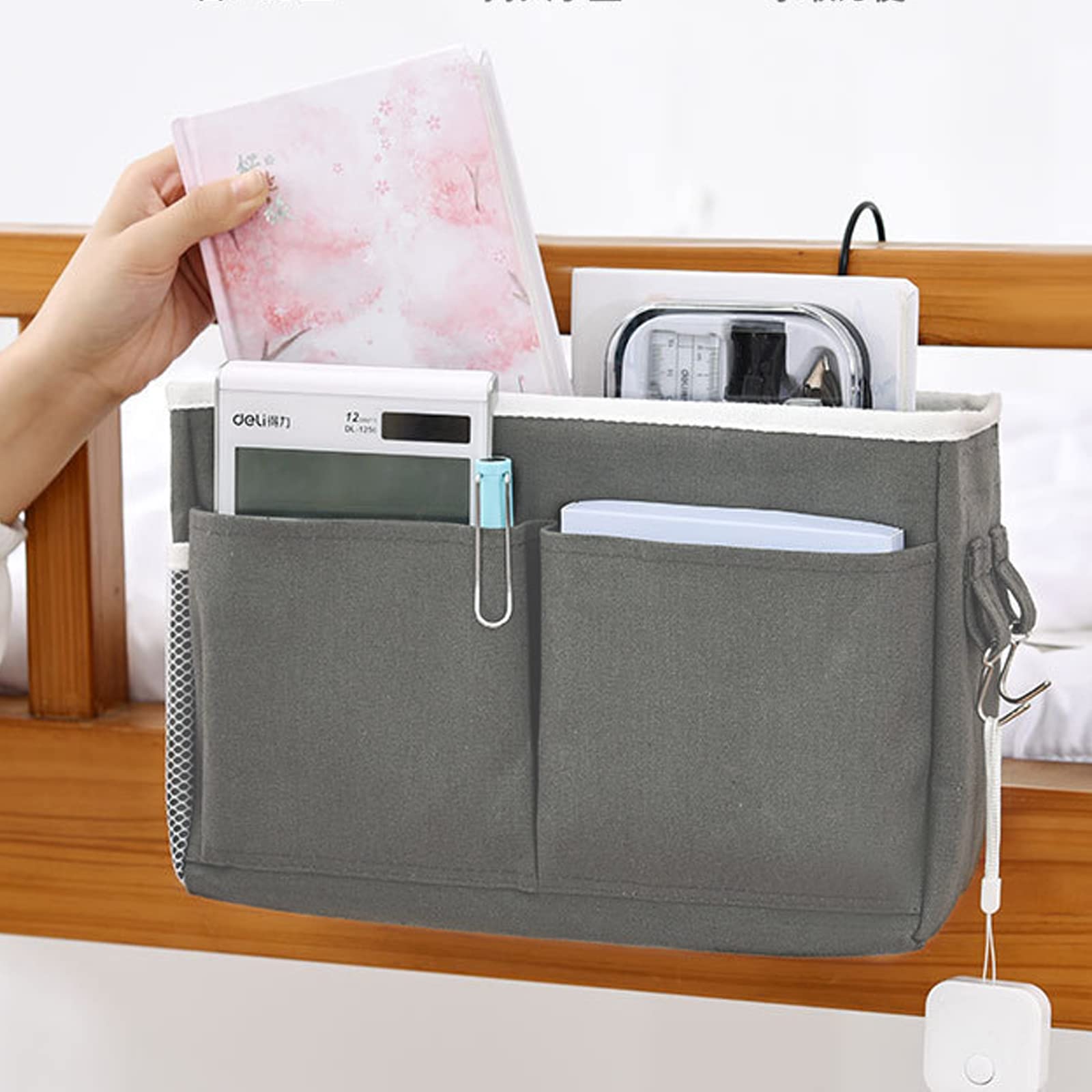 2 Piezas Organizador de Cabecera, Bolsillos para Cama con Gancho para Hogar, Oficina, Escuela, Litera, Cuna - Bolsa de Almacenamiento (Gris)