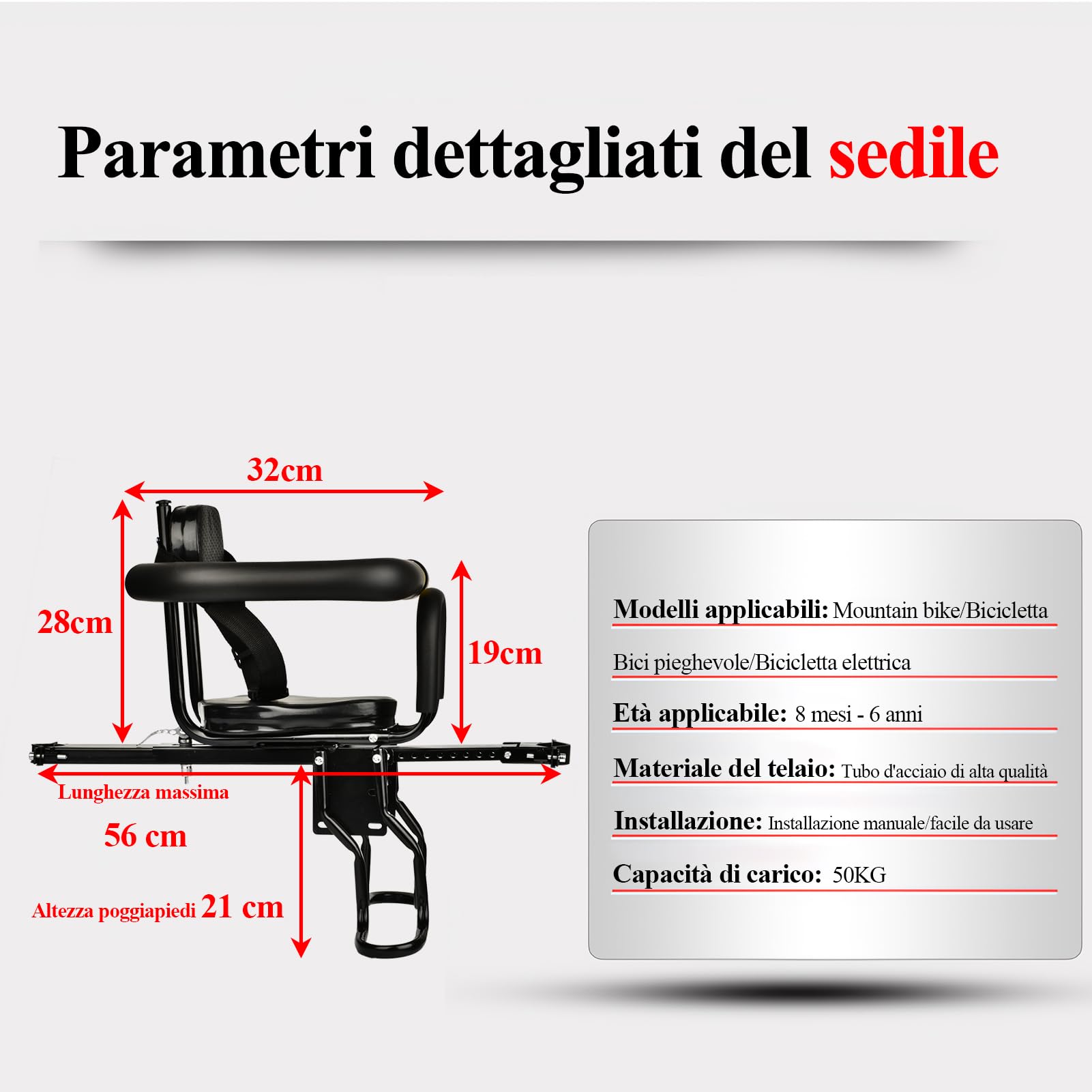 Seggiolino Anteriore per Bicicletta, Versione Aggiornata Seggiolino Bici Anteriore con Schienale Morbido, Cuscino Rigido, Supporto per Pedali, per Bicicletta Pieghevole, MTB