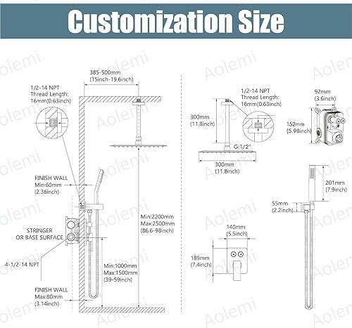 Miniatura 6 de Aolemi Sistema de ducha de montaje en techo, cabezal de ducha de lluvia de 10 pulgadas con rociador de mano de alta presión, válvula áspera y