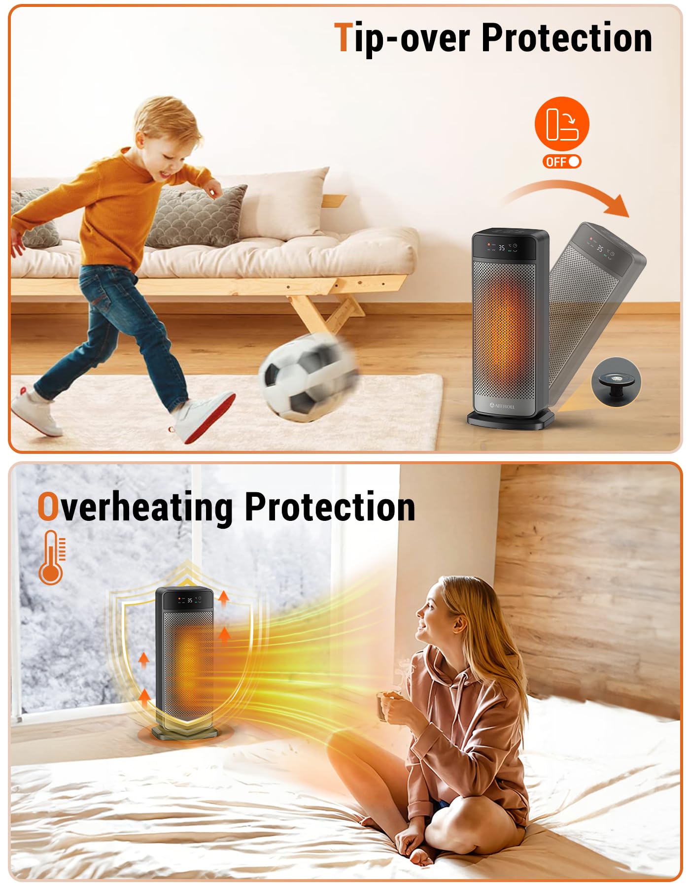 Ateroll Calefactor Bajo Consumo, 2000W PTC Ceramico radiador electrico, Temporizador 24H, 4 Modos, Protección Contra Sobrecalentamiento y Vuelco, Modo ECO, 70° Oscilación, para Interiores