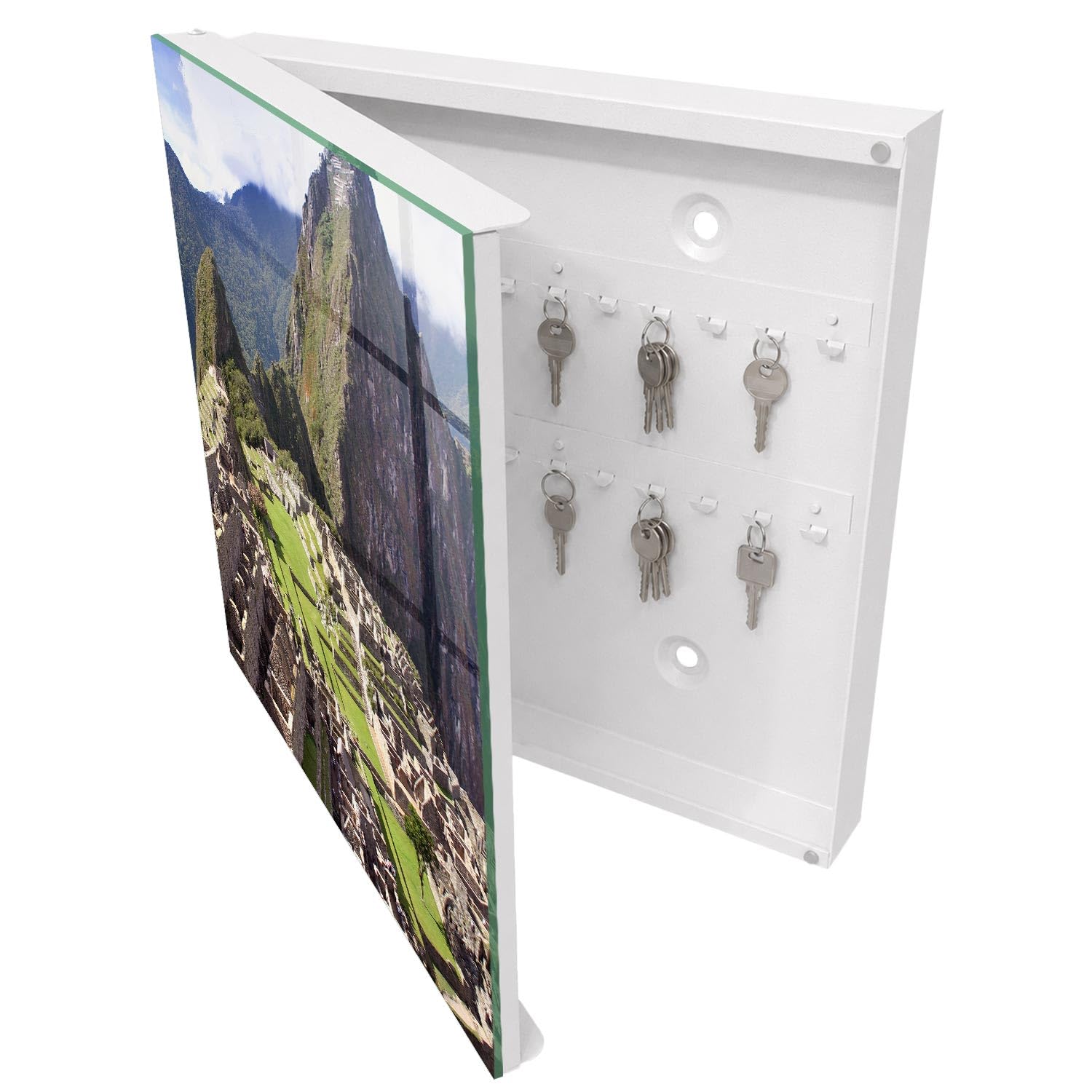 Armadietto Portachiavi 30x30 cm | Bianco | A Sinistra | Montaggio a Parete | Città di montagna | Frontale Decorativo in Vetro Temperato | per Uffici | in Metallo | Tasselli e Viti Inclusi