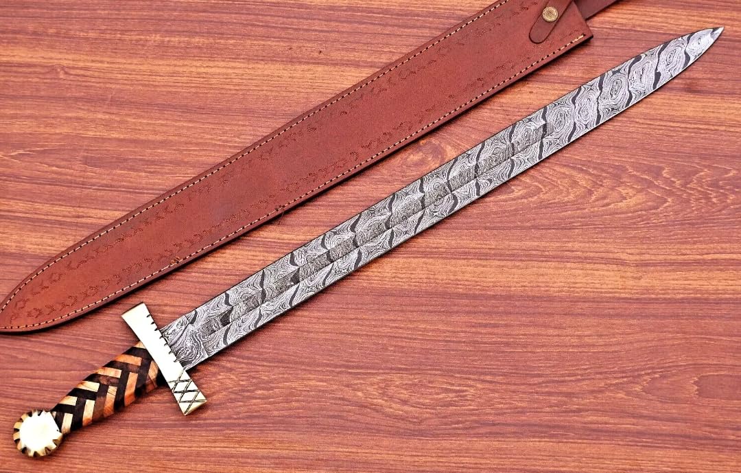 Empire - Damascus Steel Double Edge Hunting Sword - Cross Wood Handle - Combat Sword - Hunting Sword with Leather Sheath - Best