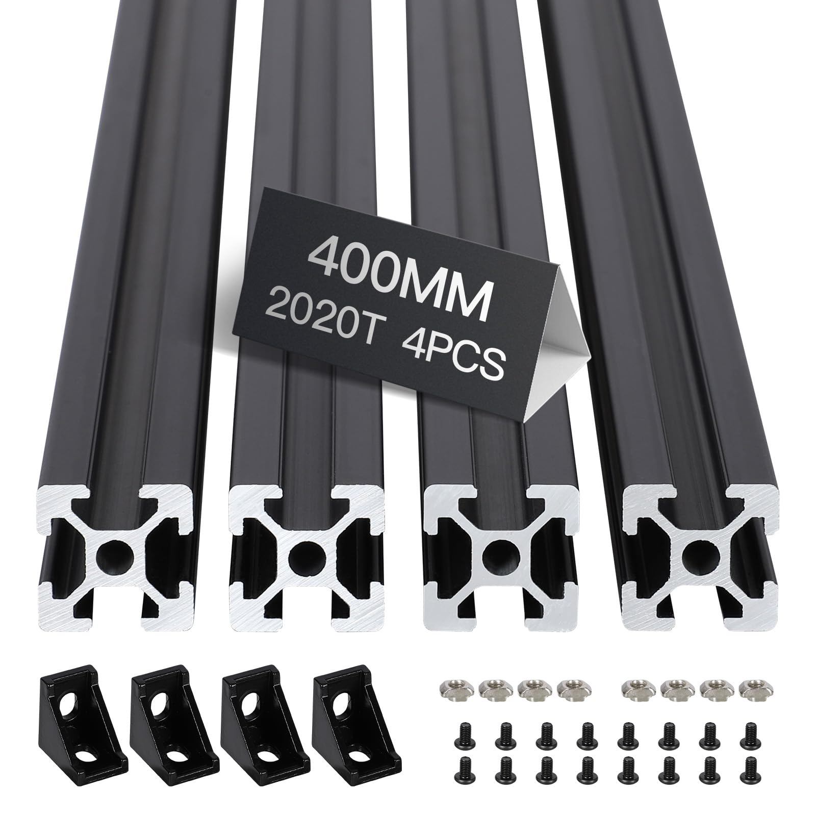 4pcs 400mm T Slot 2020 Aluminum Extrusion European Standard Anodized Linear Rail for 3D Printer Parts and CNC DIY Black