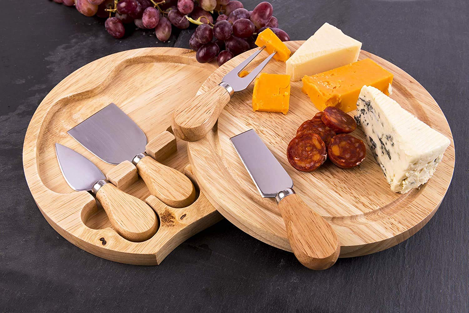 eBuyGB Cheeseboard & Knife Set with Groove and 4 Cheese Knives, Wooden 21cm Charcuterie Board, Cheese Board Serving Platter