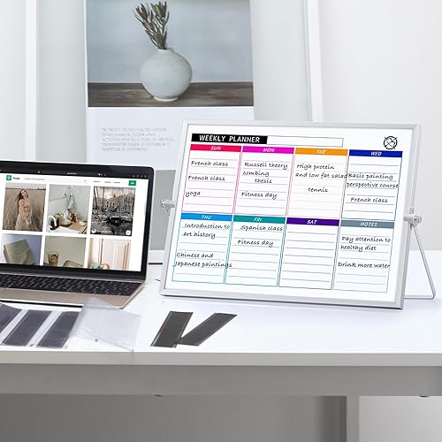 Miniatura 6 de ARCOBIS Pizarra blanca de borrado en seco con soporte, pizarra blanca semanal de doble cara de 12 x 16 pulgadas, 10 marcadores, 4 imanes, 1