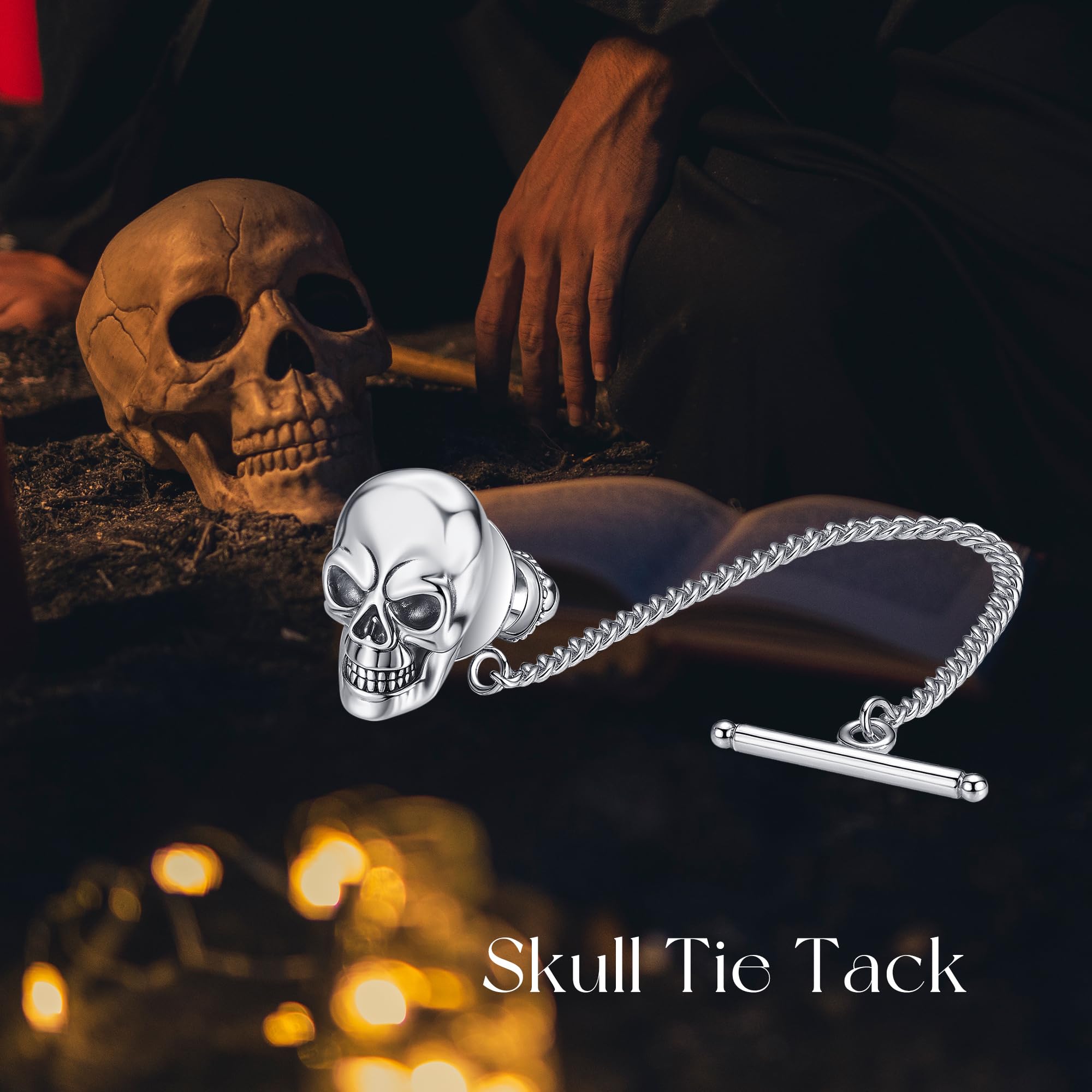 Fermacravatta a forma di teschio, in argento Sterling, punk, teschio, accessori per cravatta.