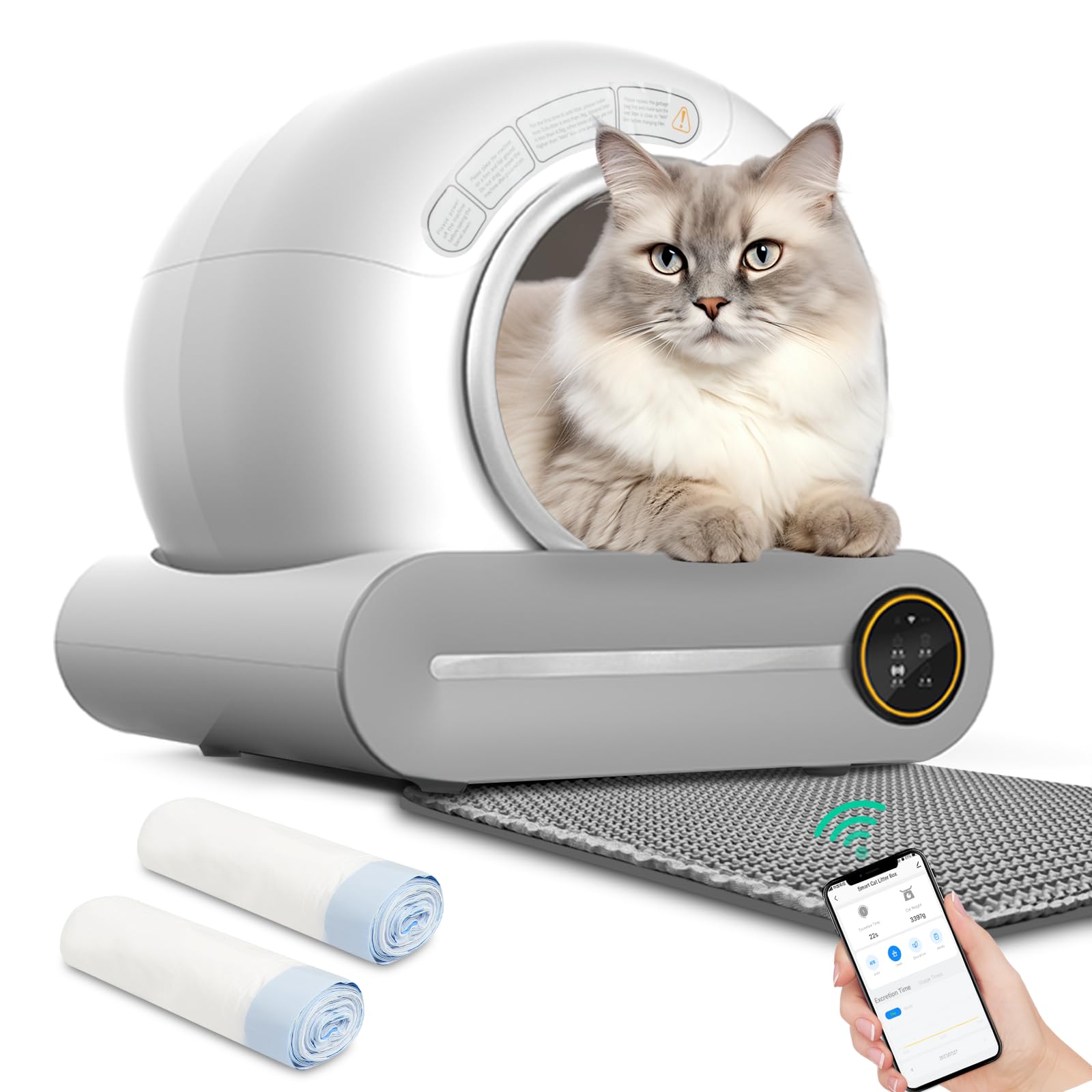 Tuya Smart Automatic Cat Litter Box, Extra-Large 65L Capacity, Self Cleaning, Odor Control, APP Control, Safety Protection for Multiple Cats with Litter Mat