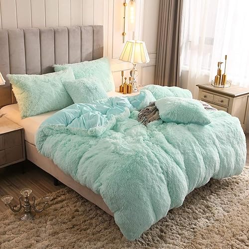 Uhamho Luxury Fluffy 1PC Solid Duvet Cover Faux Fur Plush Shaggy Quilt Cover Velvet Bedspread Zipper Closure, No Pillow Sham, No Comforter (Aqua, King)