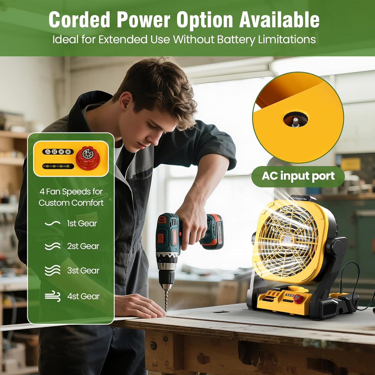 Battery Operated Fan for DeWalt 20V Max Battery (Not Included) – High Airflow Portable Cordless Camping & Jobsite Fan with 4 Speeds, AC Adapter, LED Lights & Hanging Hook for Outdoor Use