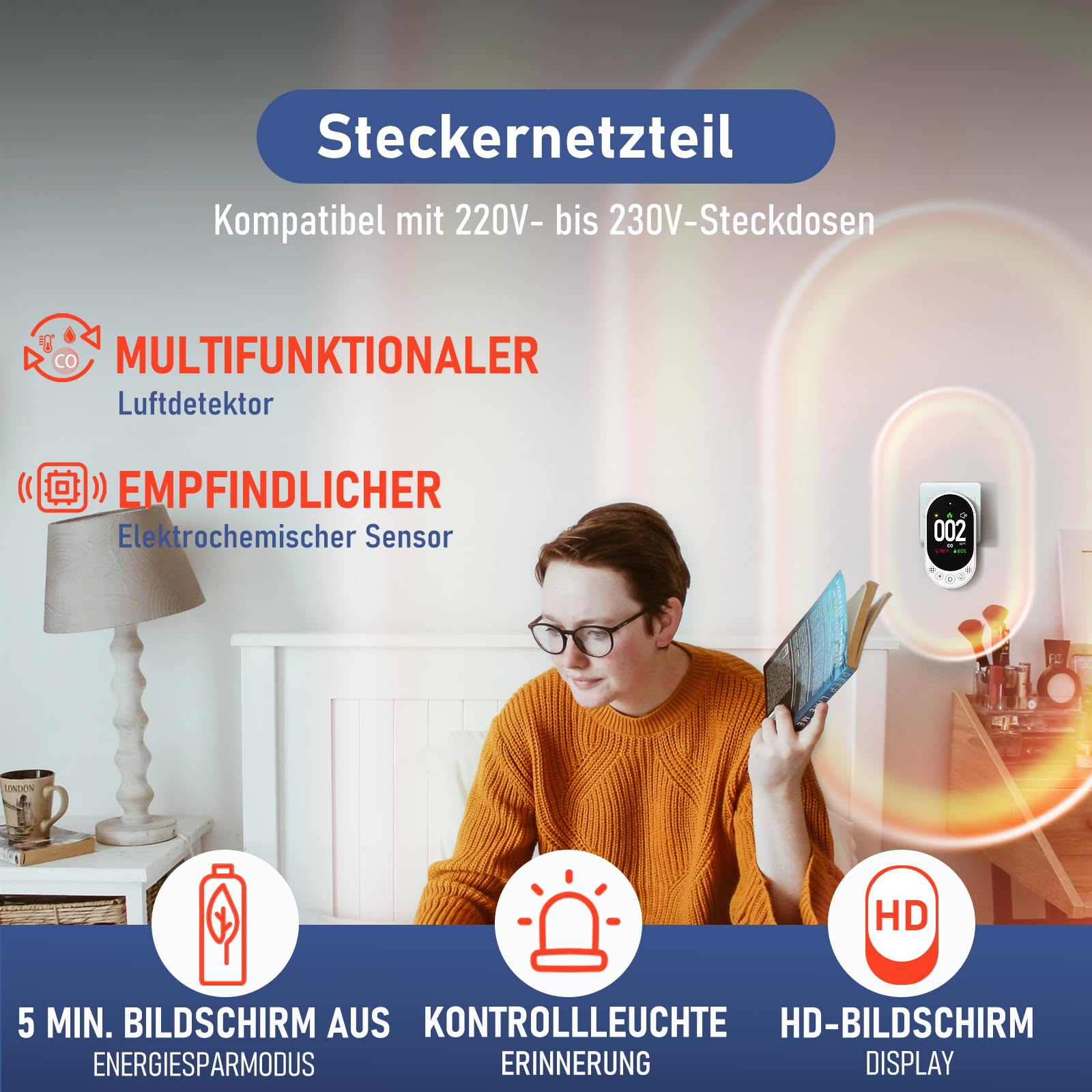 LSENLTY Kohlenmonoxid Melder, CO Melder mit HD-Bildschirm und Anzeige, visuellem und akustischem Alarm, 3-in-1-CO-Melder (CO-Gasmessgerät, Temperatur und Luftfeuchtigkeit) für Zuhause und unterwegs