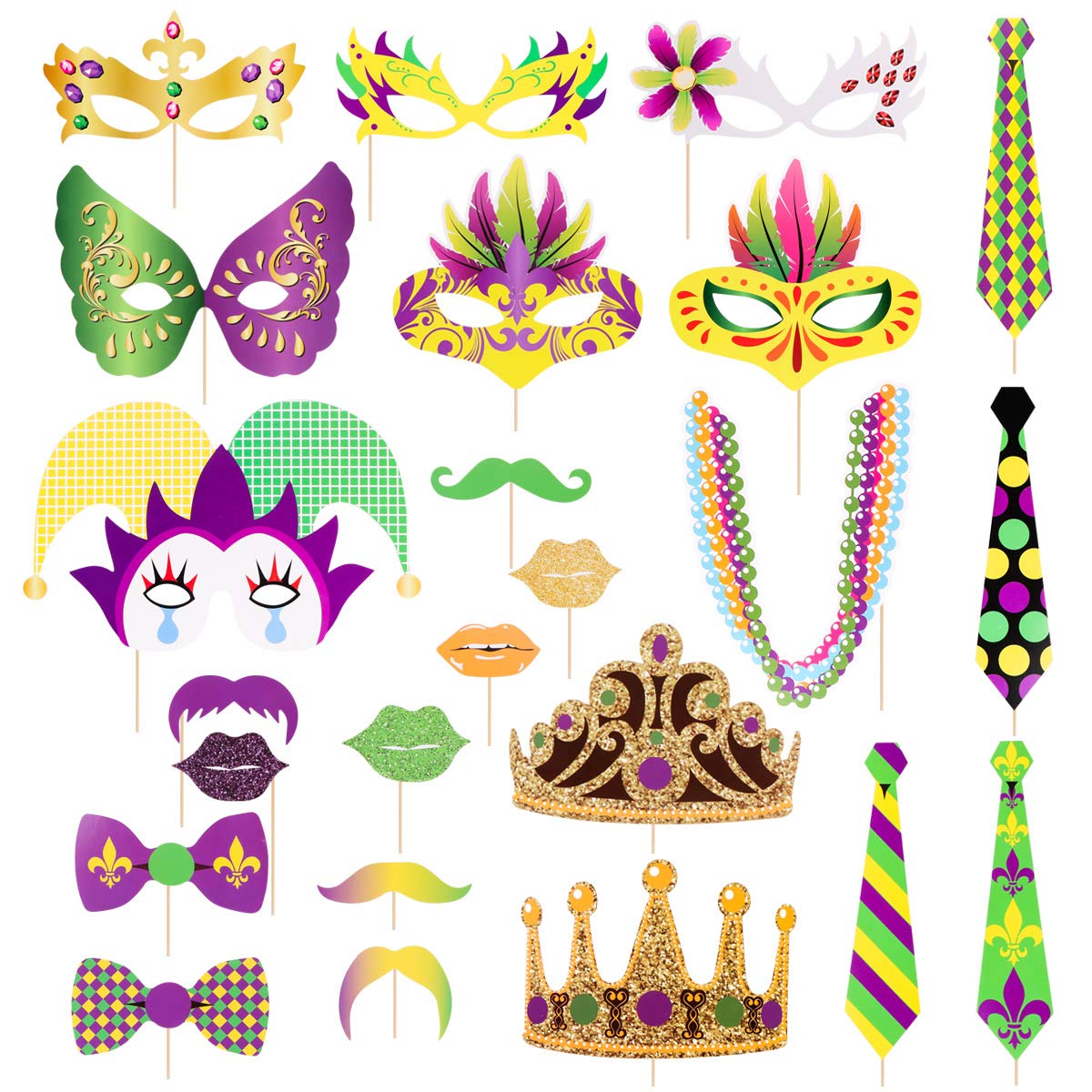 24Ct Mardi Gras Party Photo Booth Props - Carnival Birthday Party Decorations Supplies Favors Cosplay Props